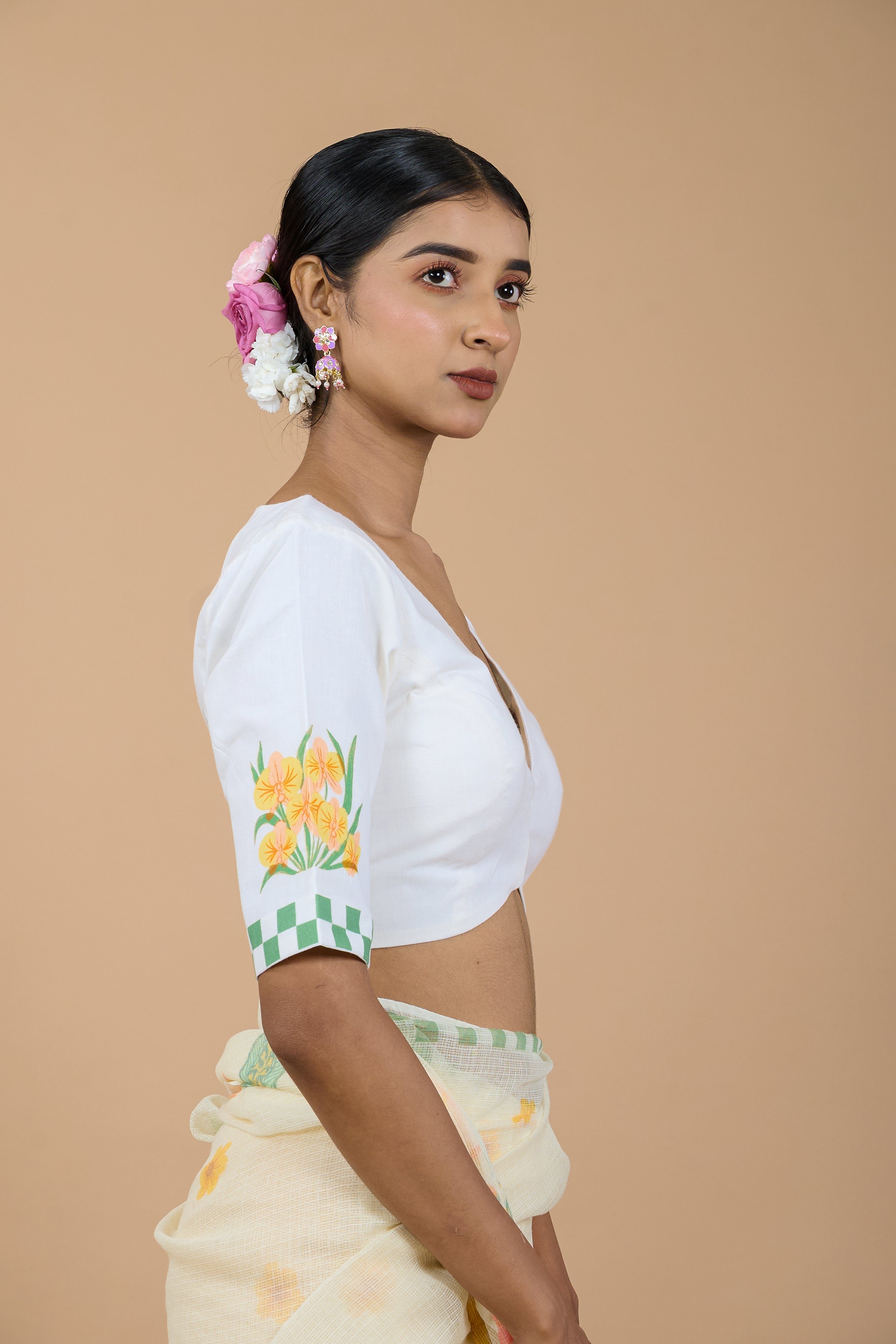 Bela I White Handloom Cotton Floral Printed Designer Blouse