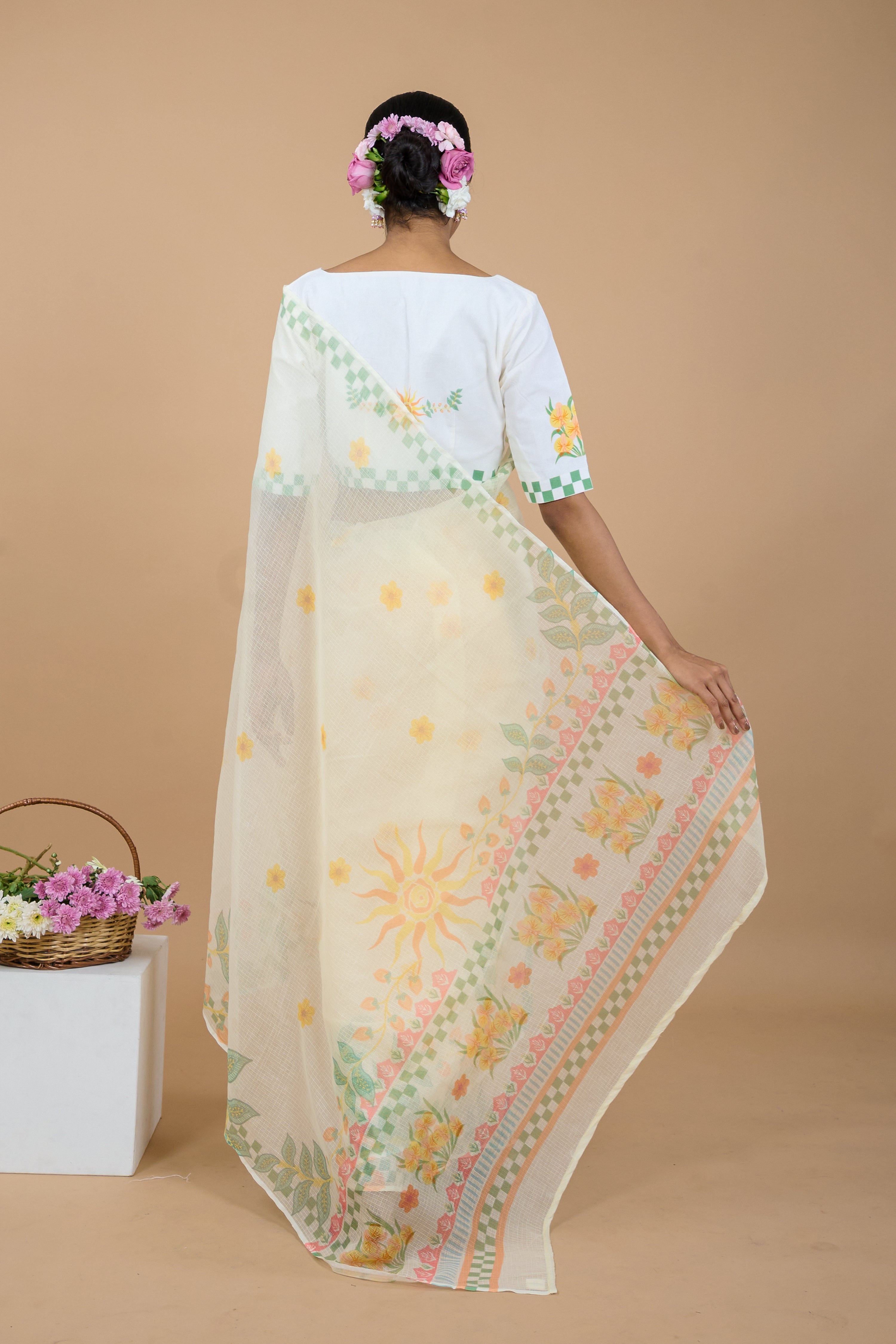 Ketaki I Cream Handloom Printed Kota doria Saree