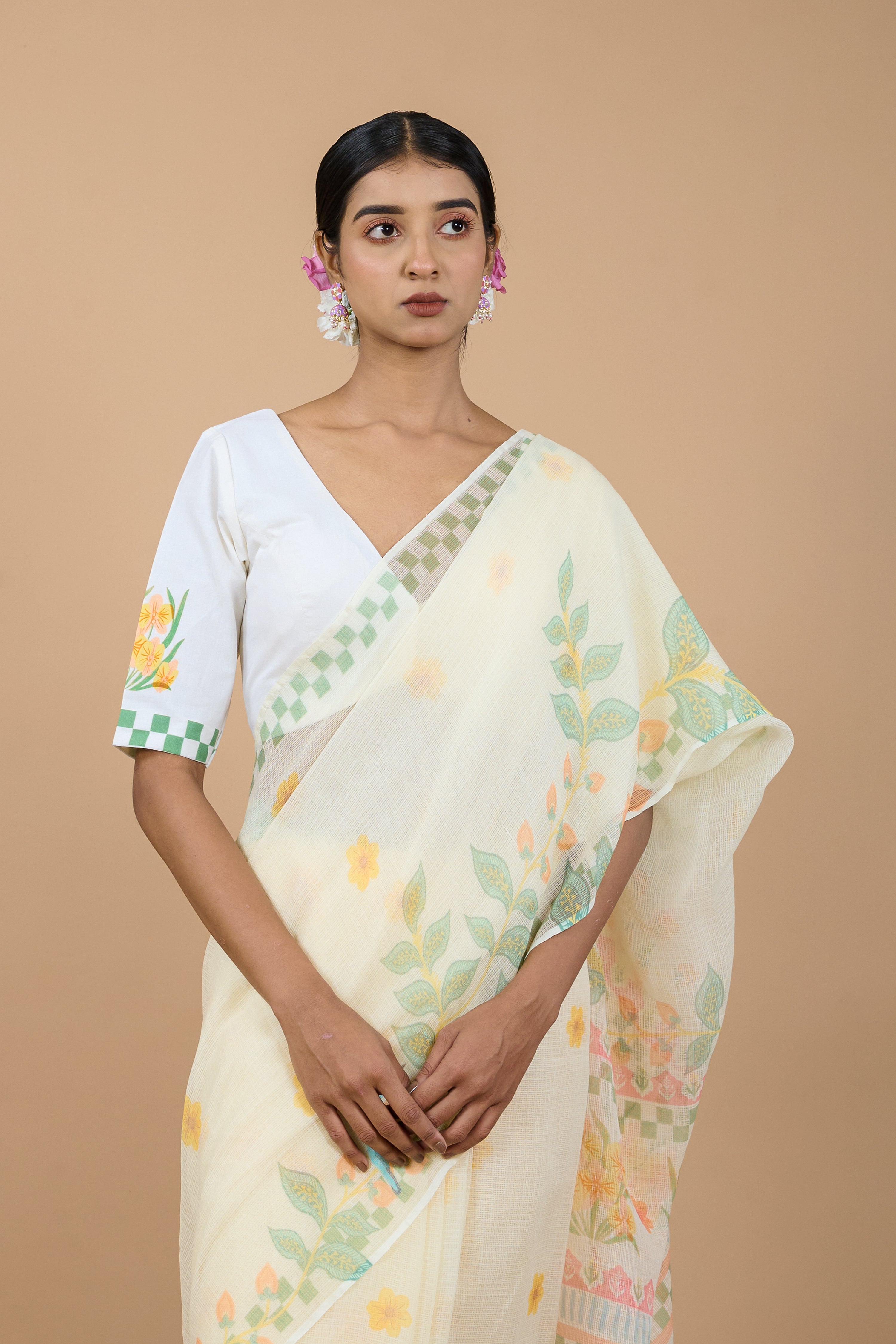 Ketaki I Cream Handloom Printed Kota doria Saree