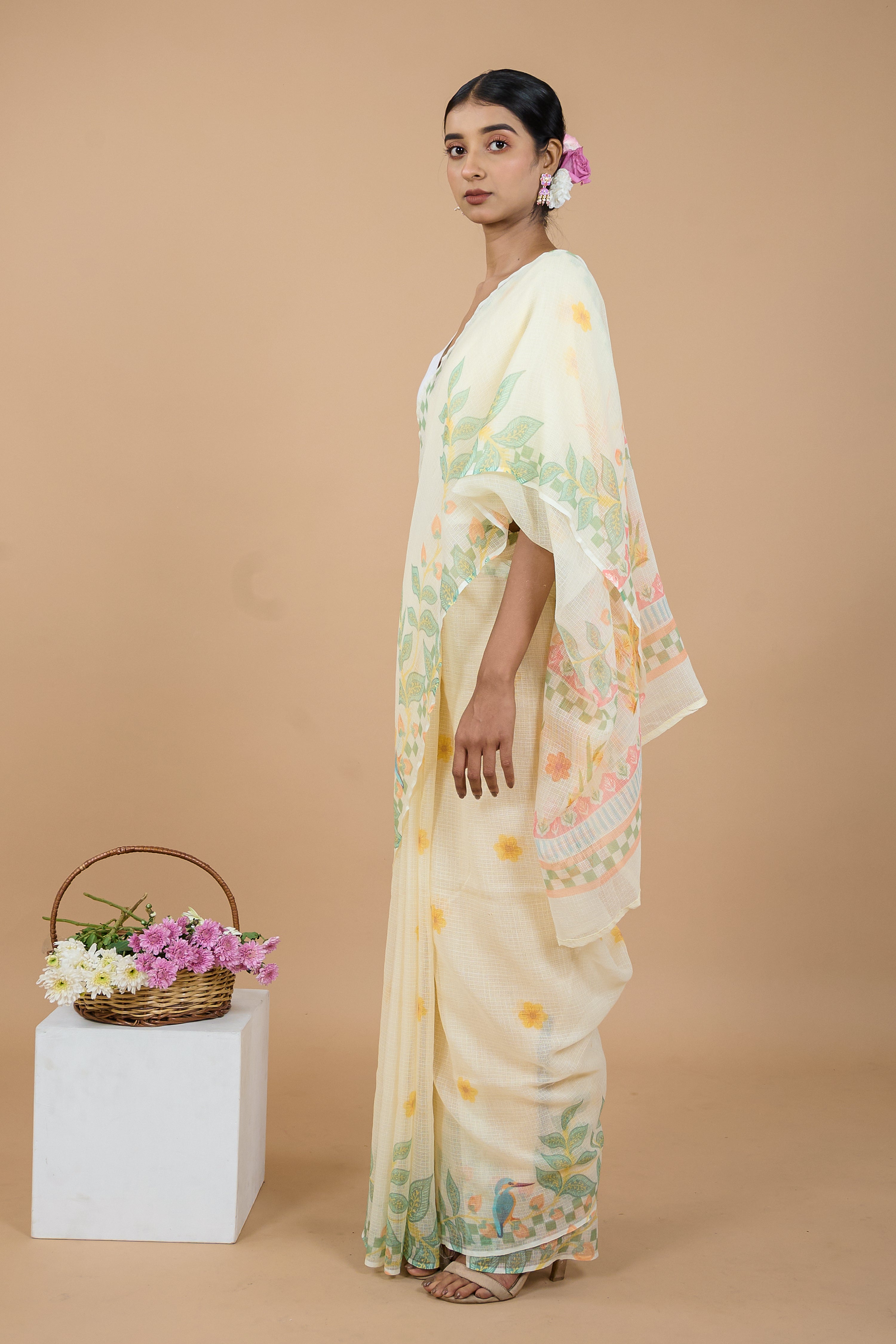 Ketaki I Cream Handloom Printed Kota doria Saree