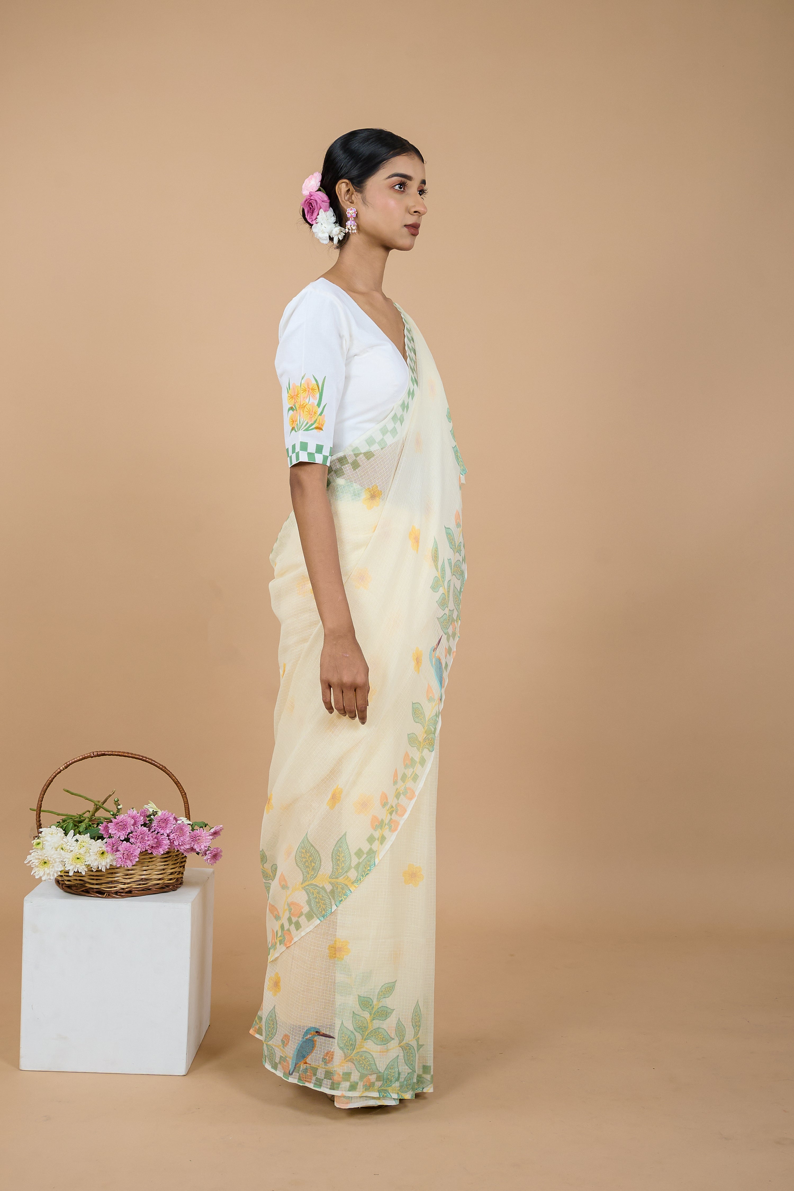 Ketaki I Cream Handloom Printed Kota doria Saree