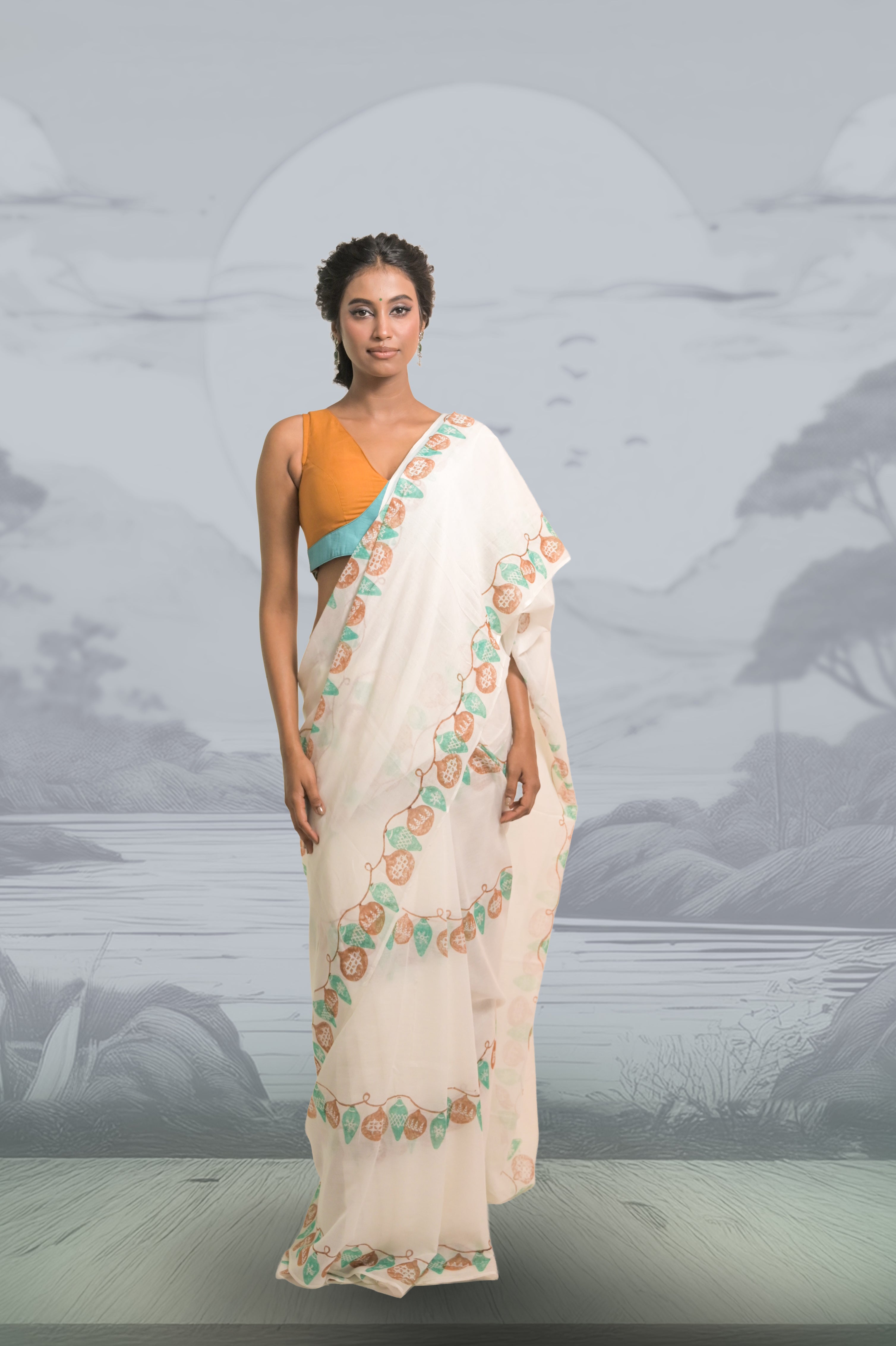 White Handloom Mul Cotton Saree with Hand-block Printed String of Lights and Ready to Wear Dual Colour Handloom Mul Cotton Blouse Combo(Light Up the Loom+Rashi)