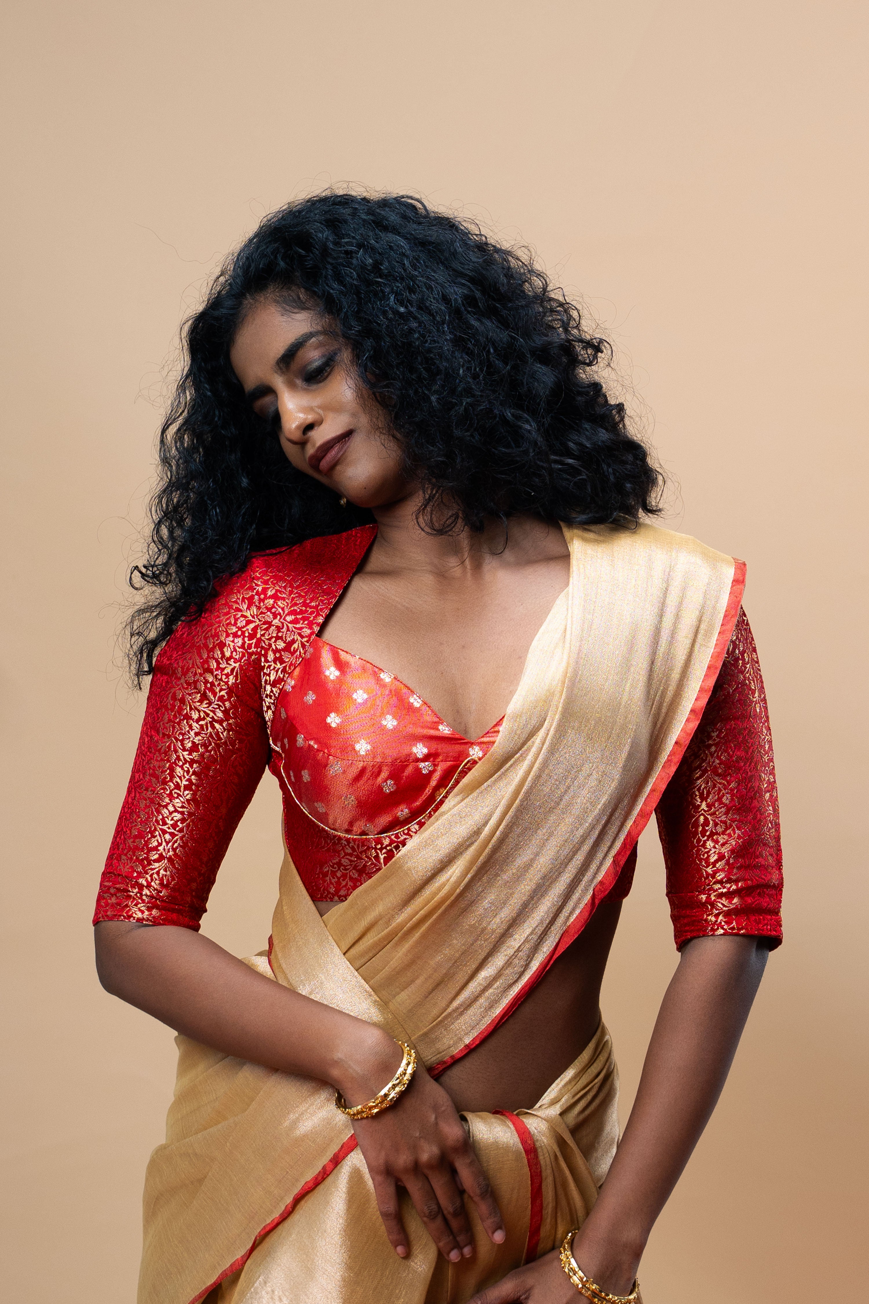 MRIGANI I Red brocade silk blouse with sweetheart neck