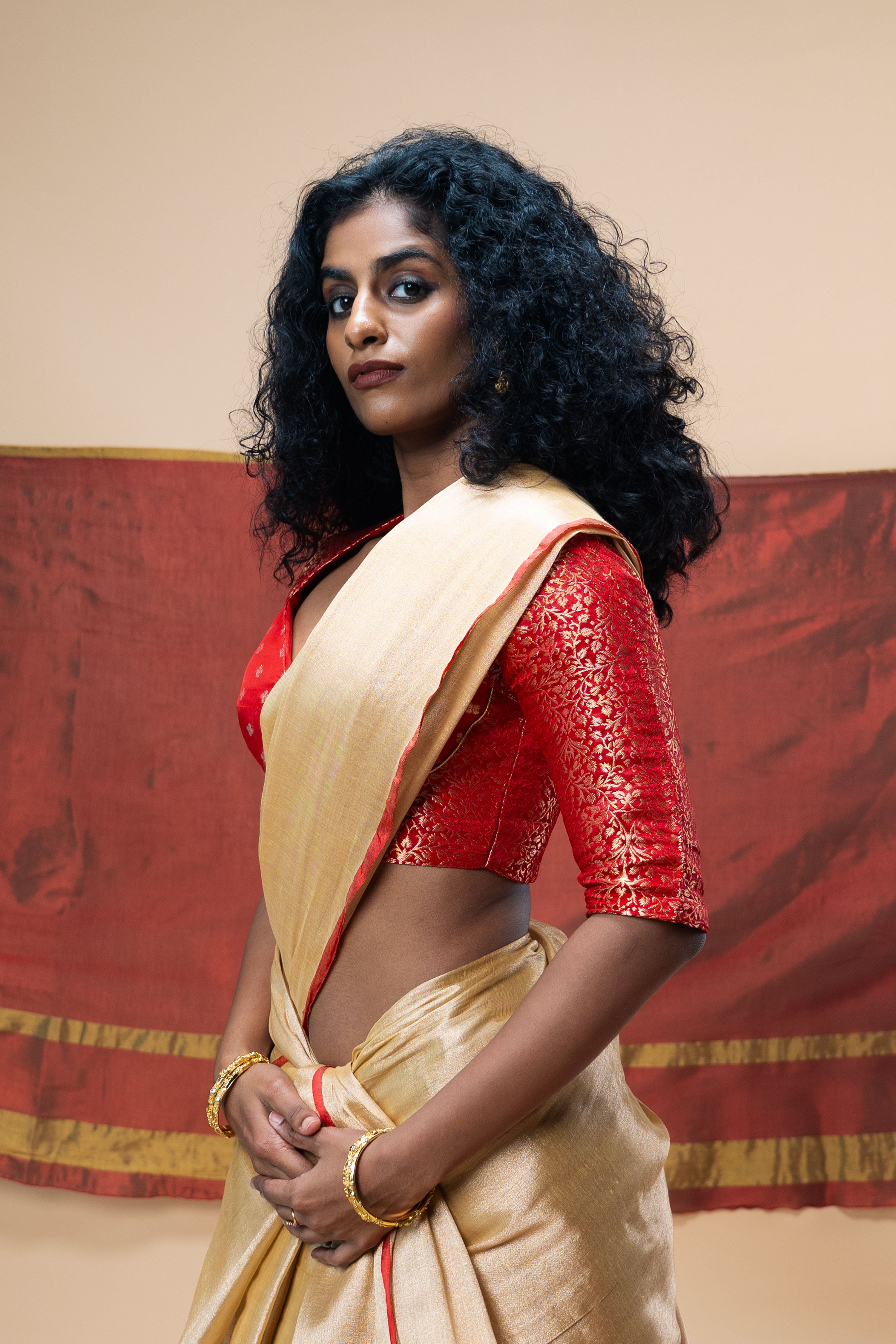 MRIGANI I Red brocade silk blouse with sweetheart neck