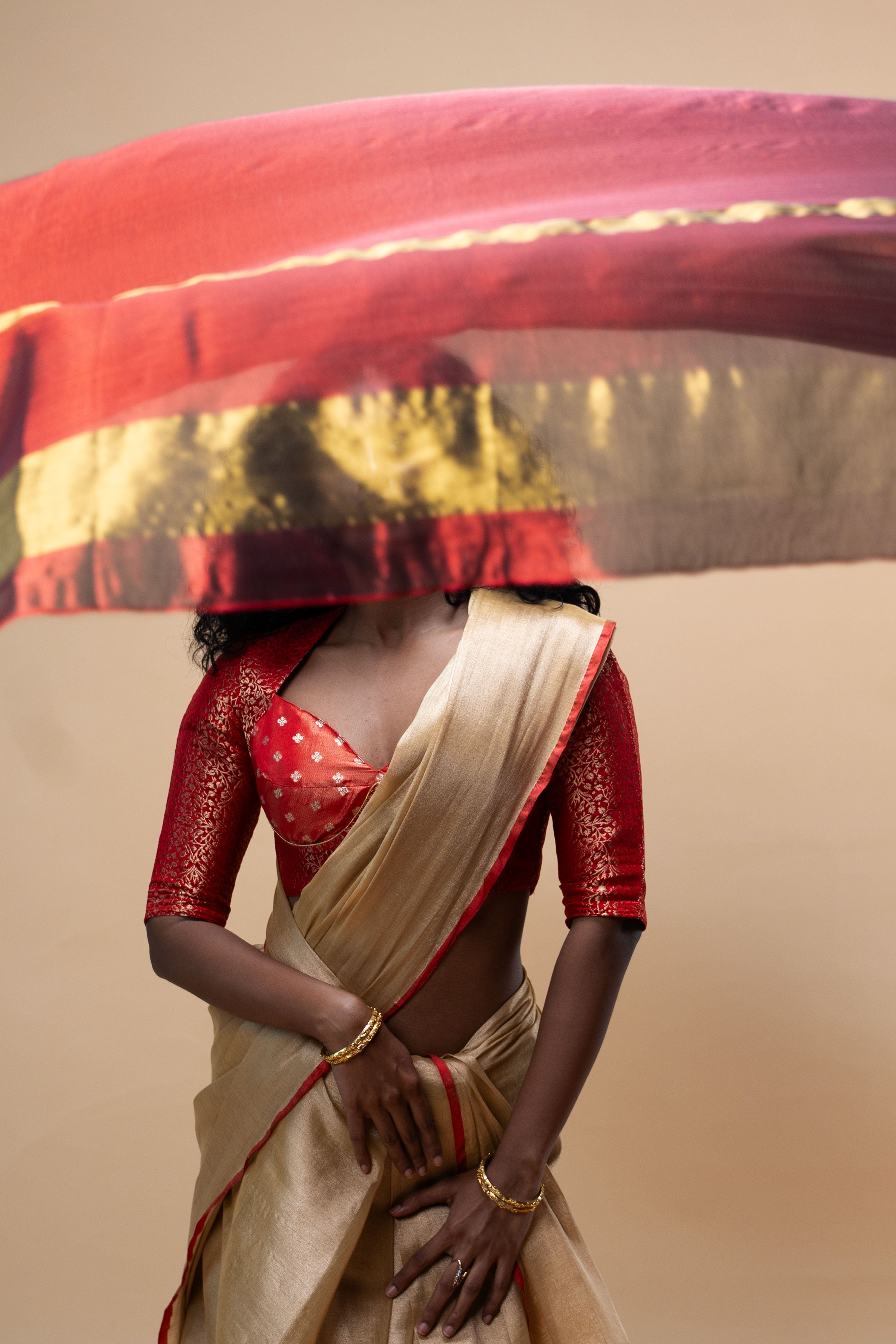MRIGANI I Red brocade silk blouse with sweetheart neck