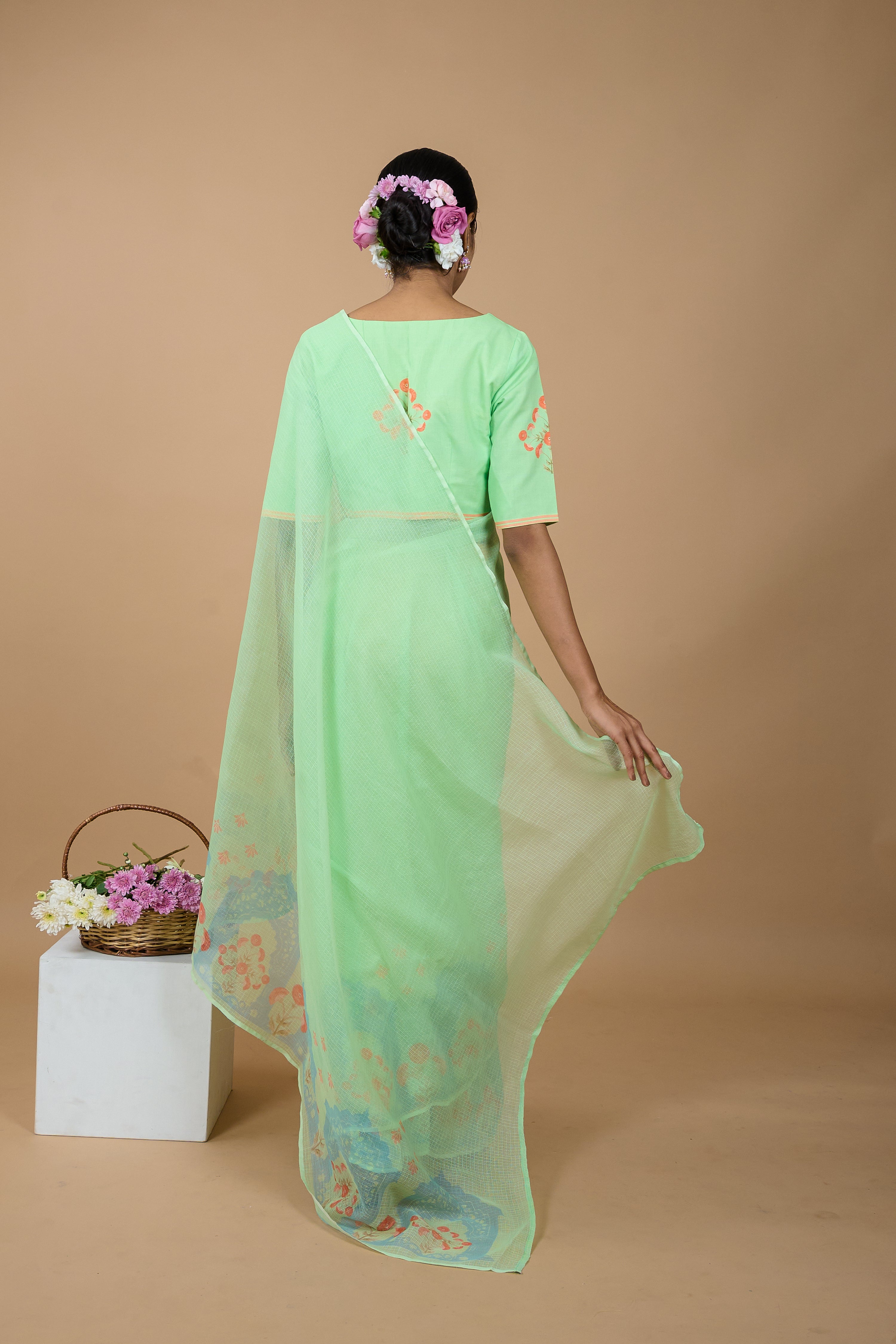 light green cotton Handwoven printed kota saree with ready to wear cotton printed blouse combo(Madhuri + Mukul)