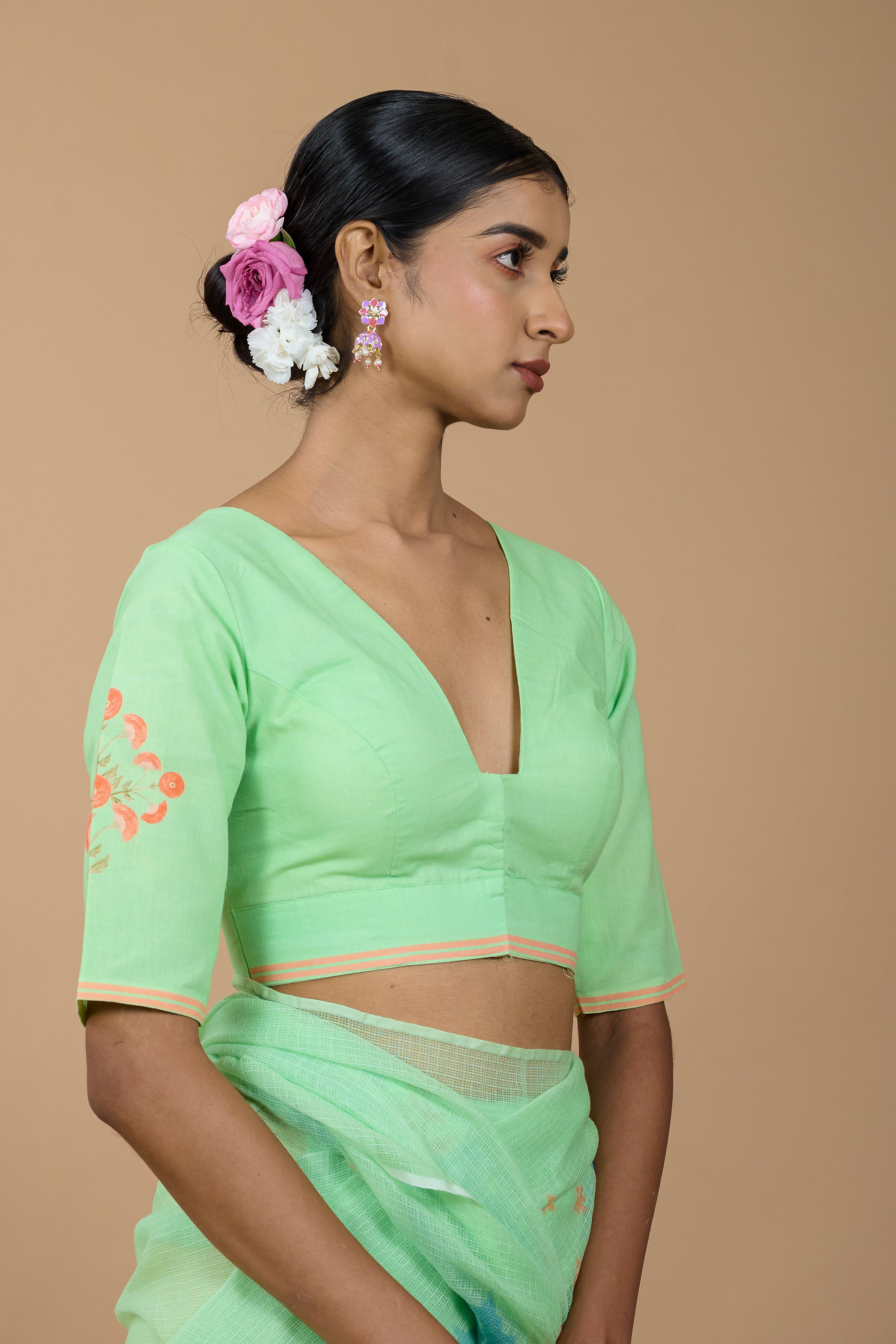 Mukul I Green Handloom Cotton Floral Printed Designer Blouse