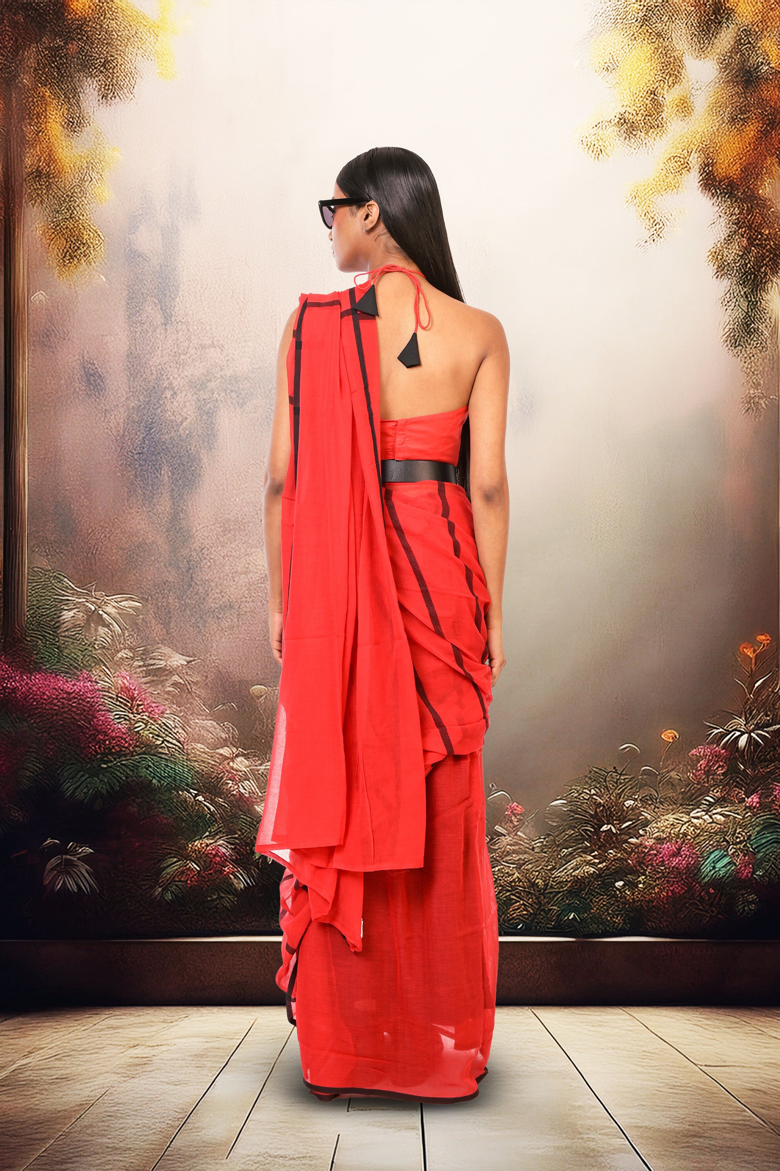 Magical Sunset I Red Handloom Cotton Saree with Black Stripes