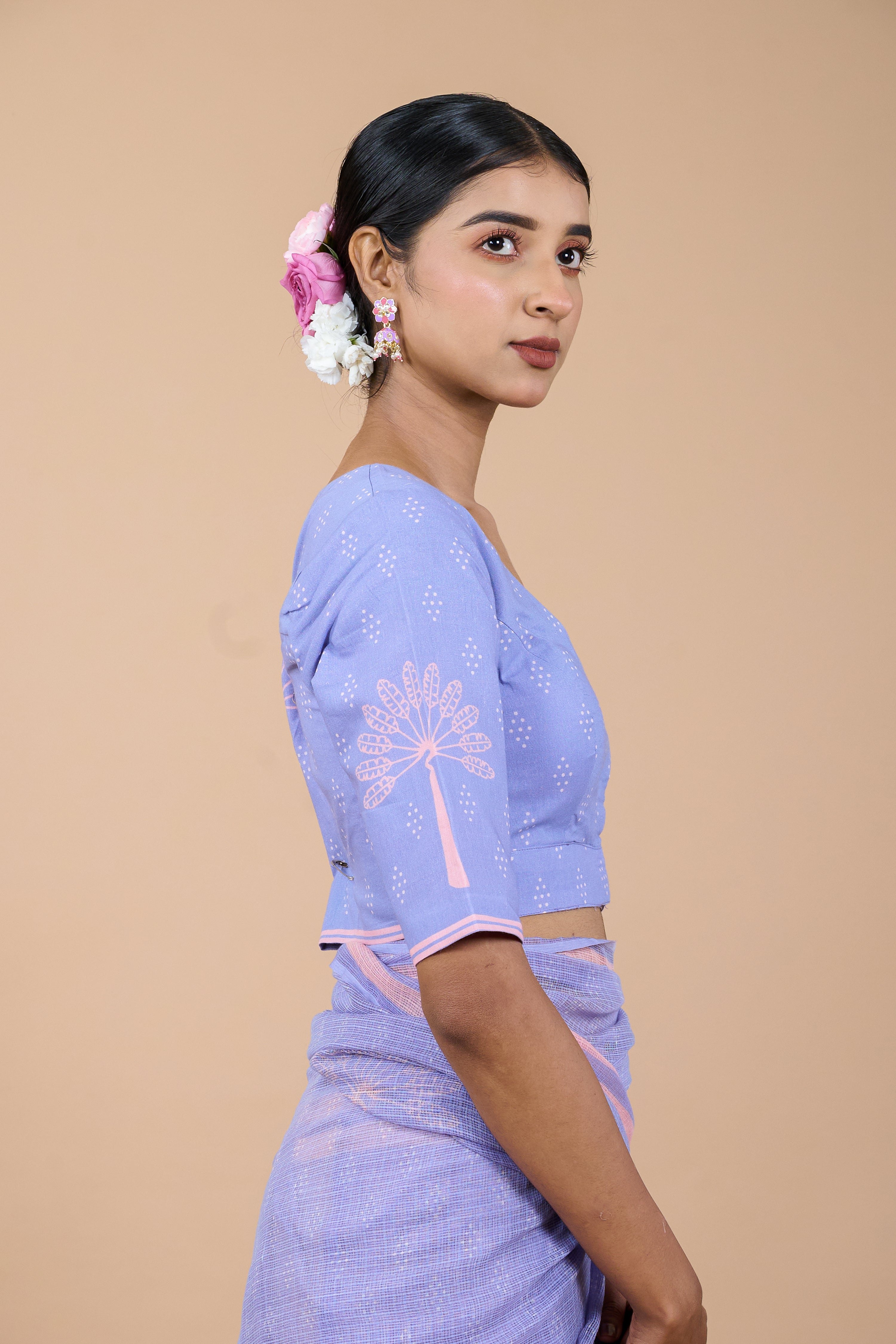 Gulnaar I Lavender Handloom Cotton Floral Printed Designer Blouse