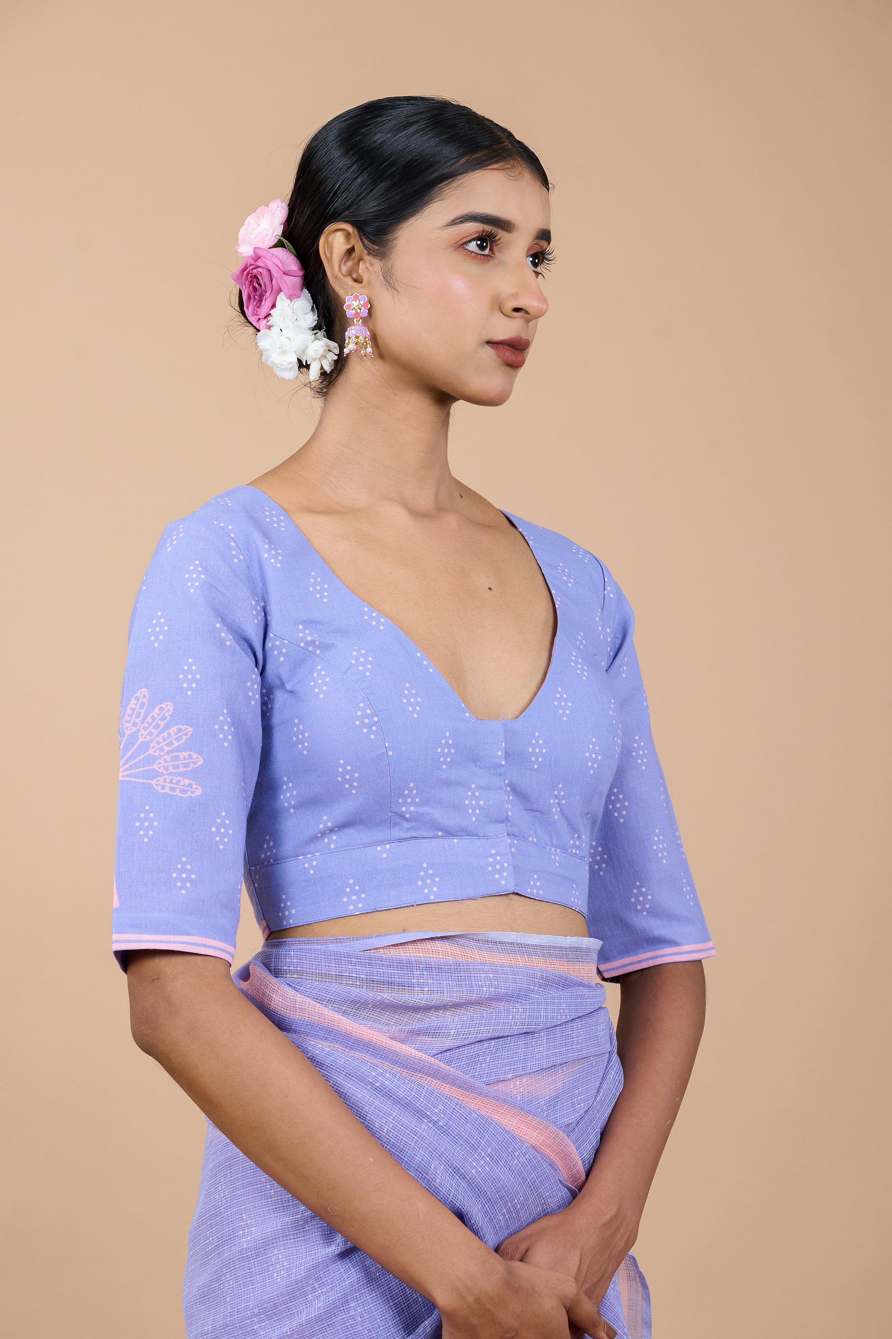 Gulnaar I Lavender Handloom Cotton Floral Printed Designer Blouse