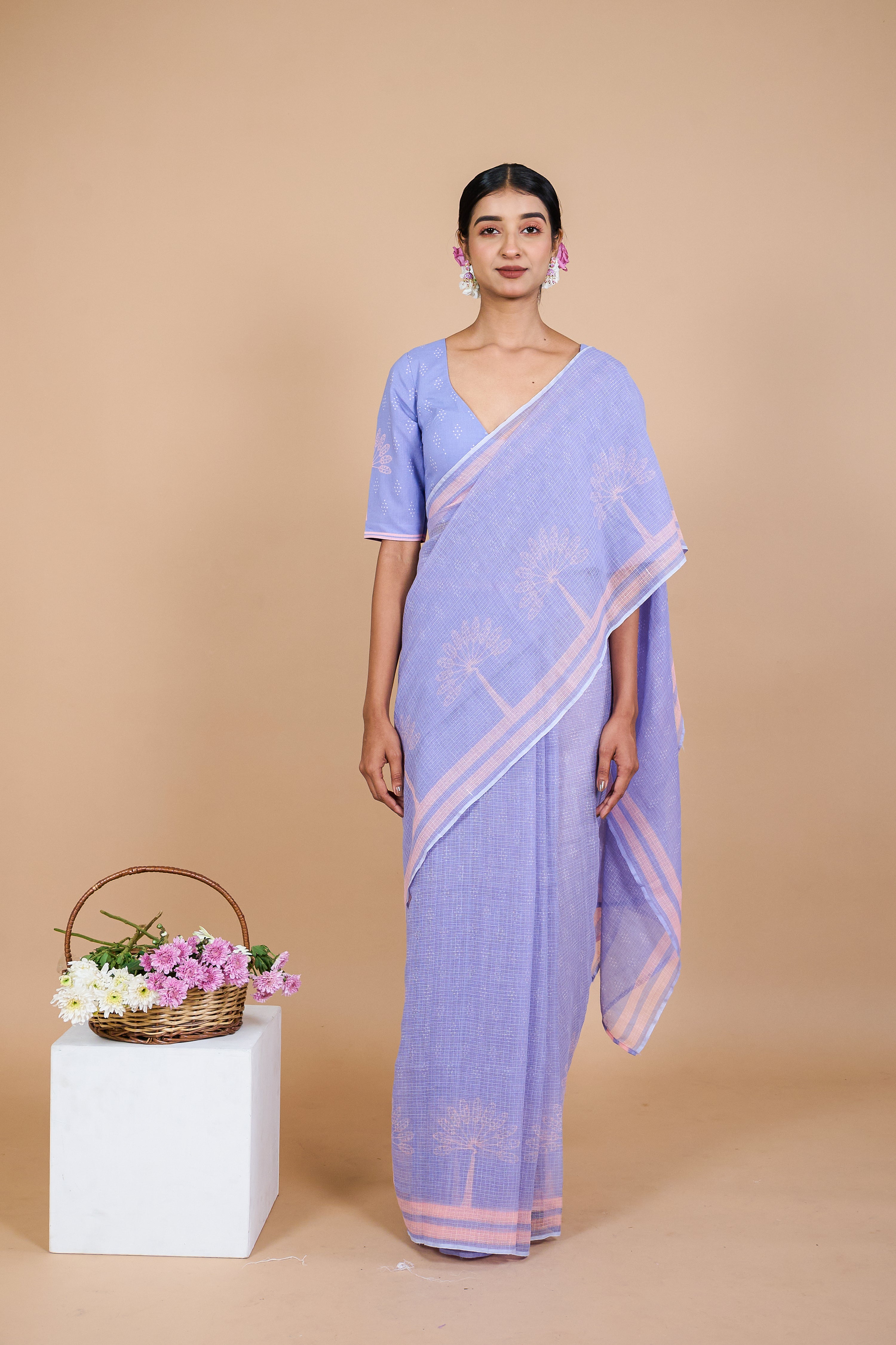 Mahua I Lavender Handloom Printed Kota doria Saree