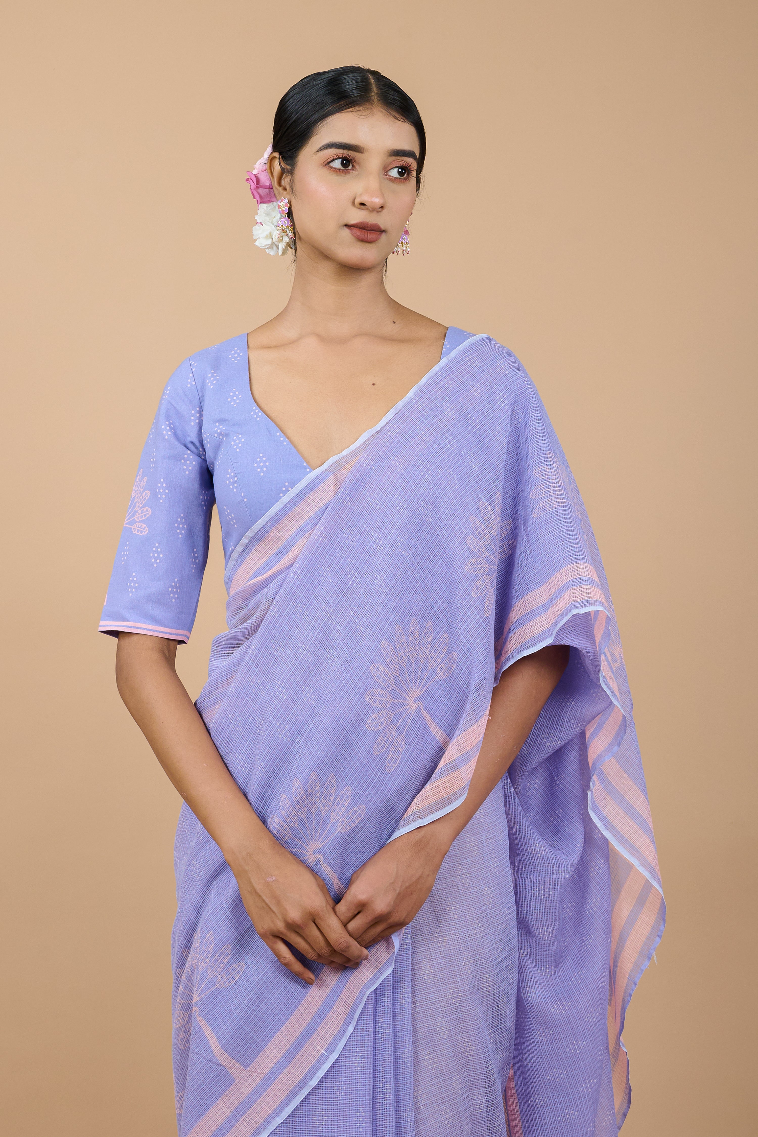 Mahua I Lavender Handloom Printed Kota doria Saree
