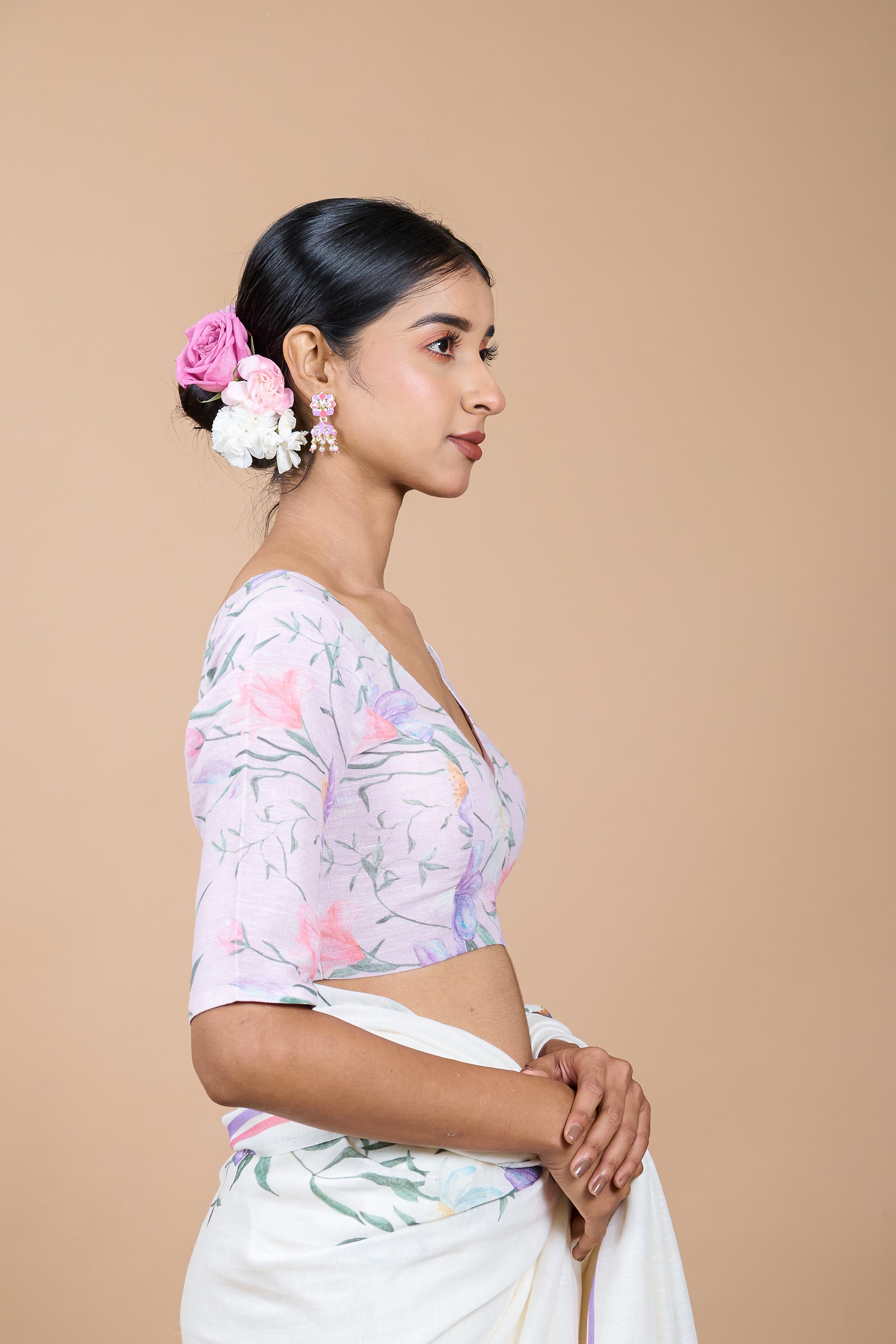 White Handwoven linen floral printed saree with ready to wear floral printed blouse combo(Mallika + Palash)