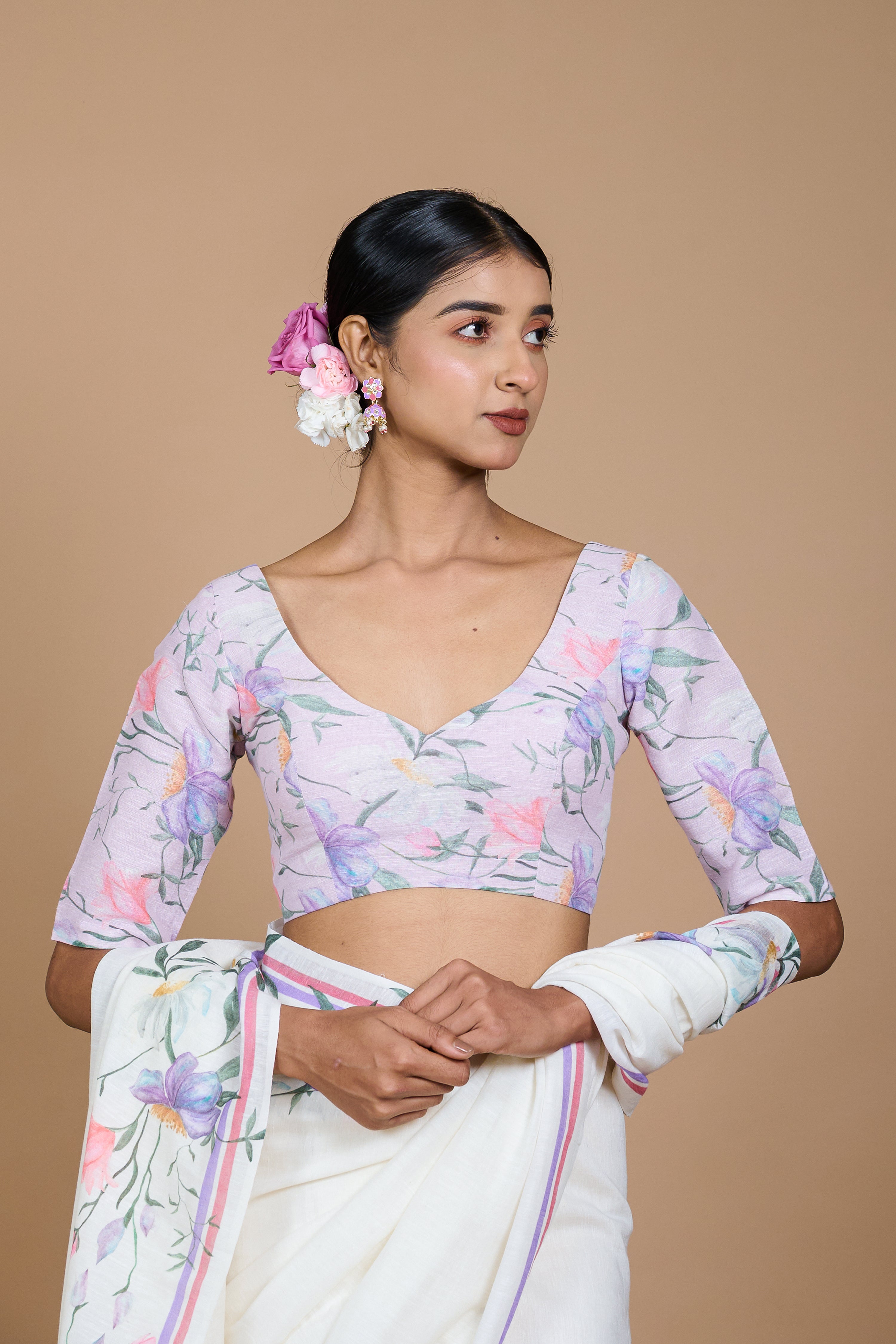 Palash I Light Pink Handloom Linen Floral Printed Designer Blouse