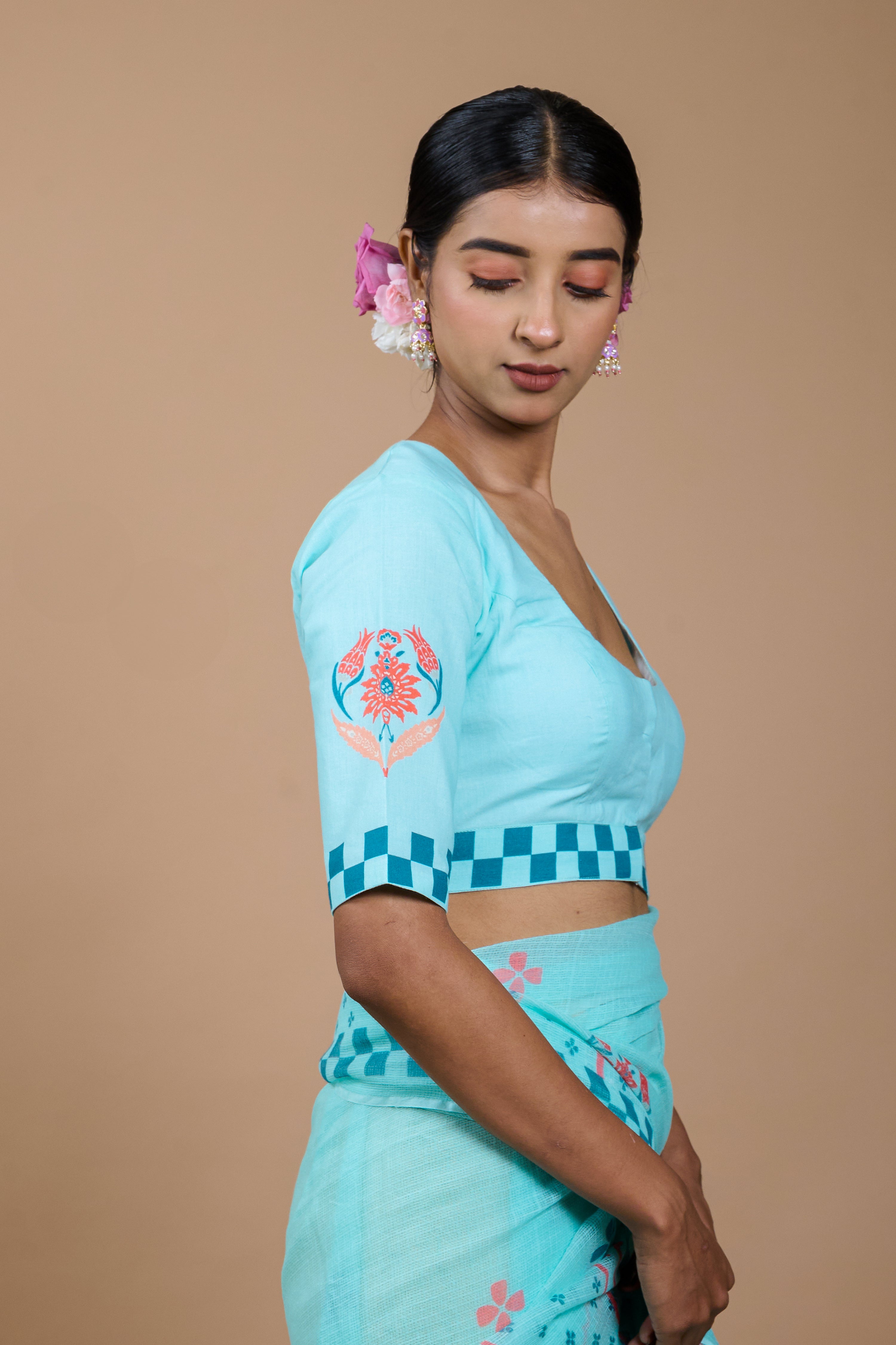 Puspita I Light Blue Handloom Cotton Floral Printed Designer Blouse