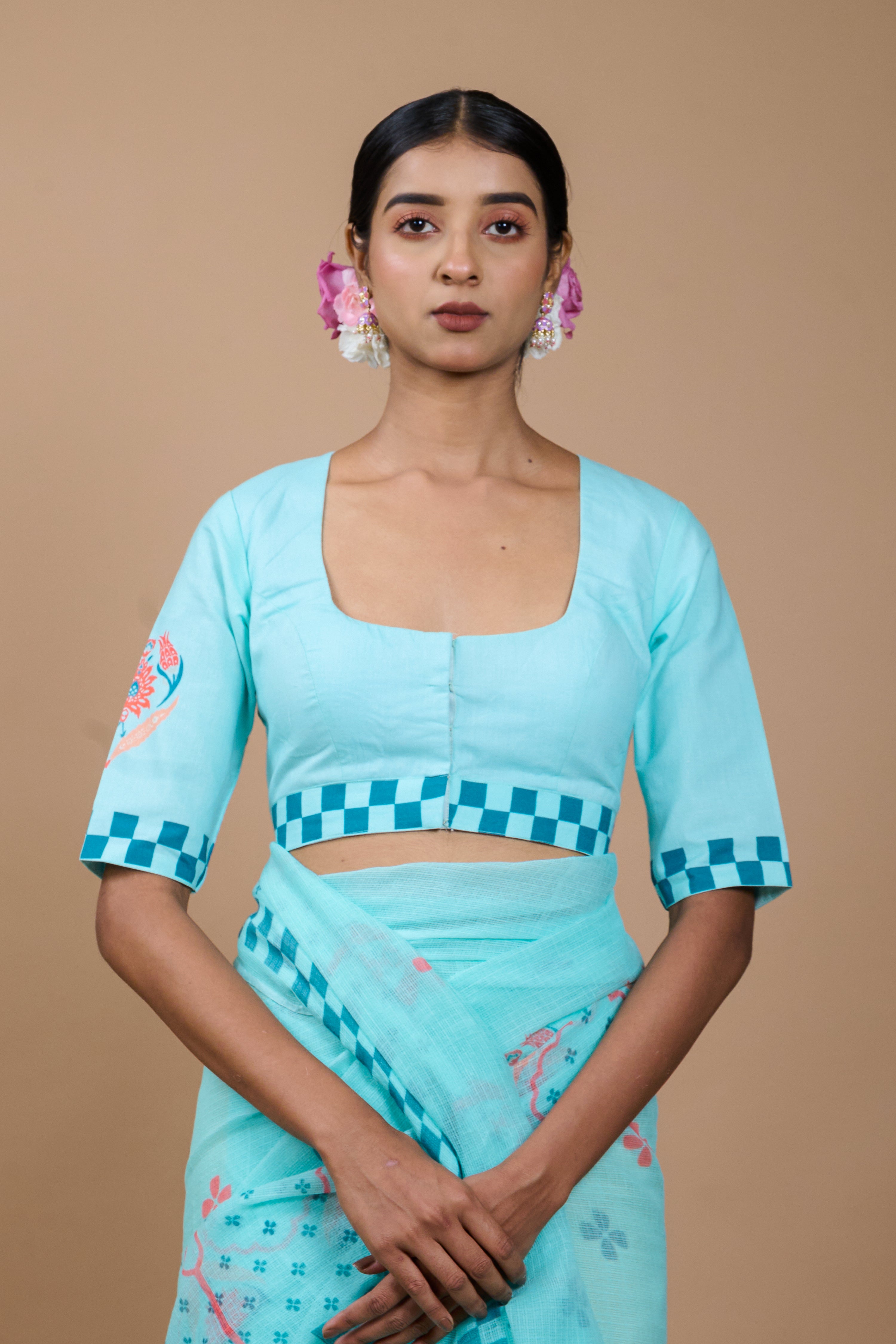 Puspita I Light Blue Handloom Cotton Floral Printed Designer Blouse
