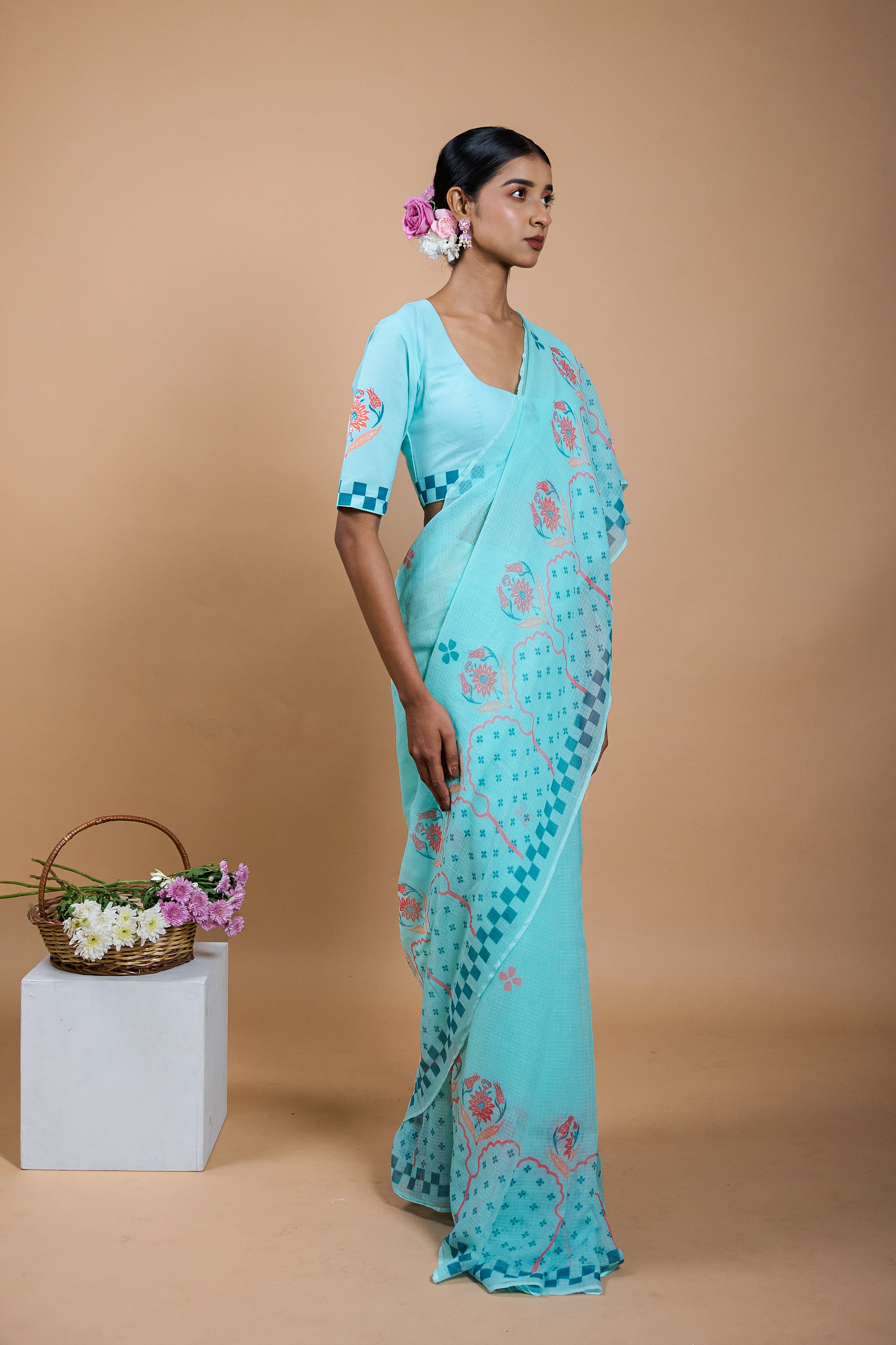 Neelam I Light Blue Handloom Printed Kota doria Saree