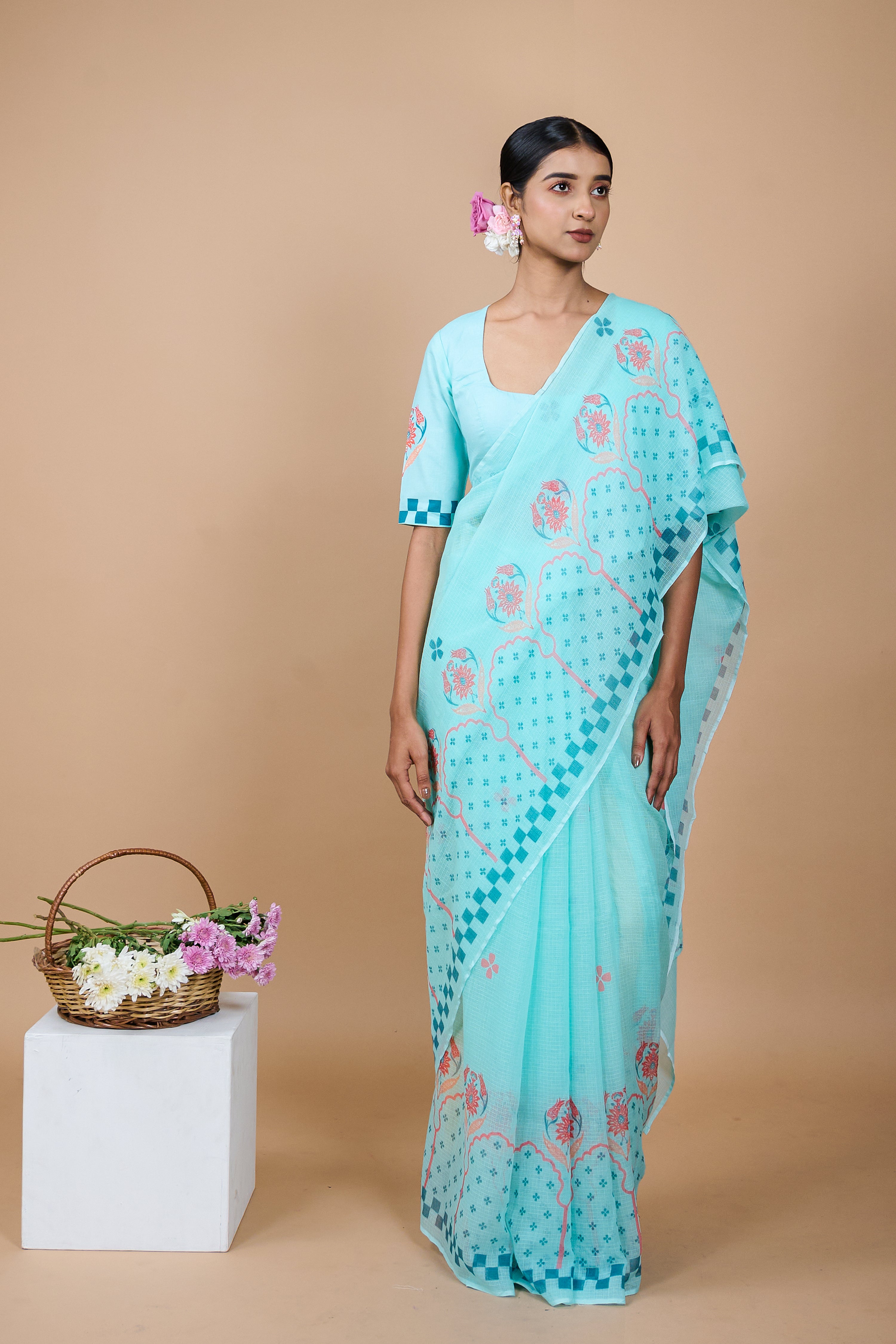 Neelam I Light Blue Handloom Printed Kota doria Saree