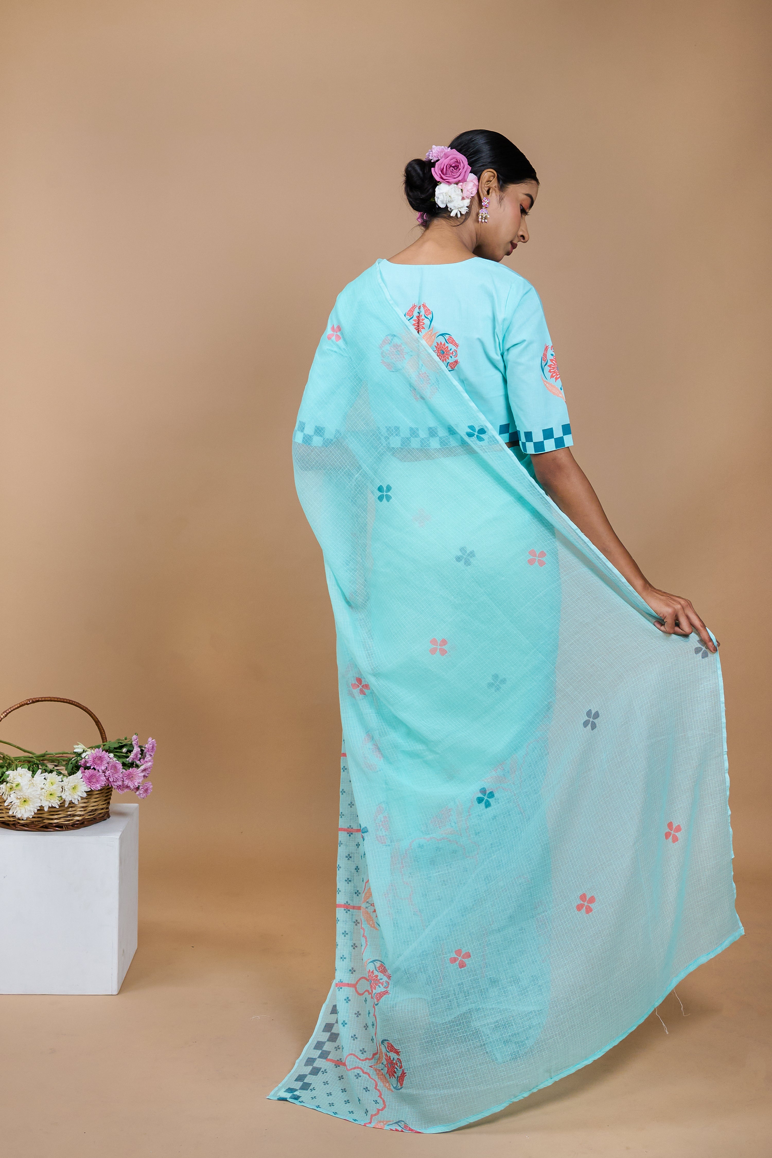 Neelam I Light Blue Handloom Printed Kota doria Saree