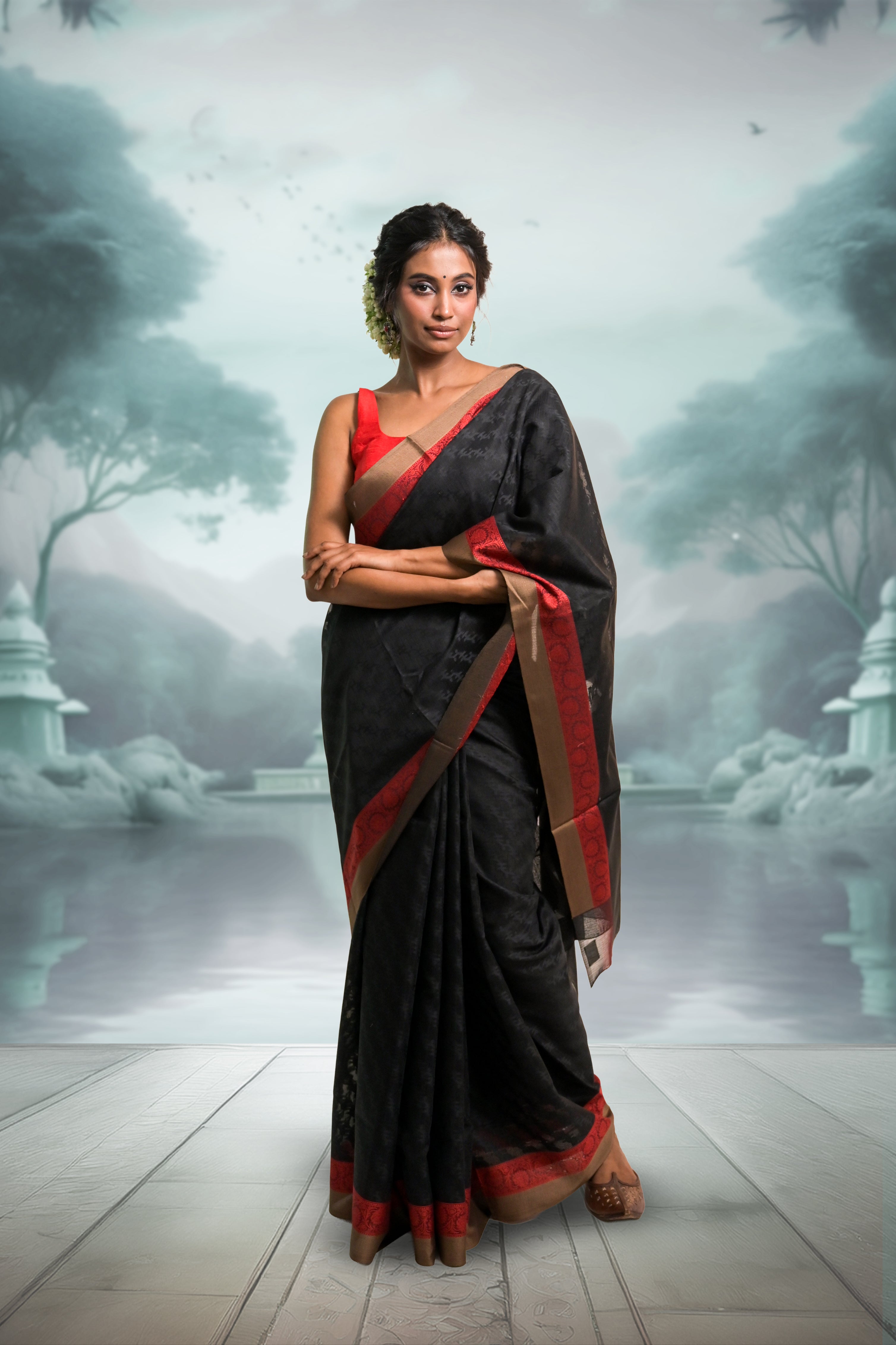 Nirvana I Black Handloom Cotton Saree with Red Floral Border