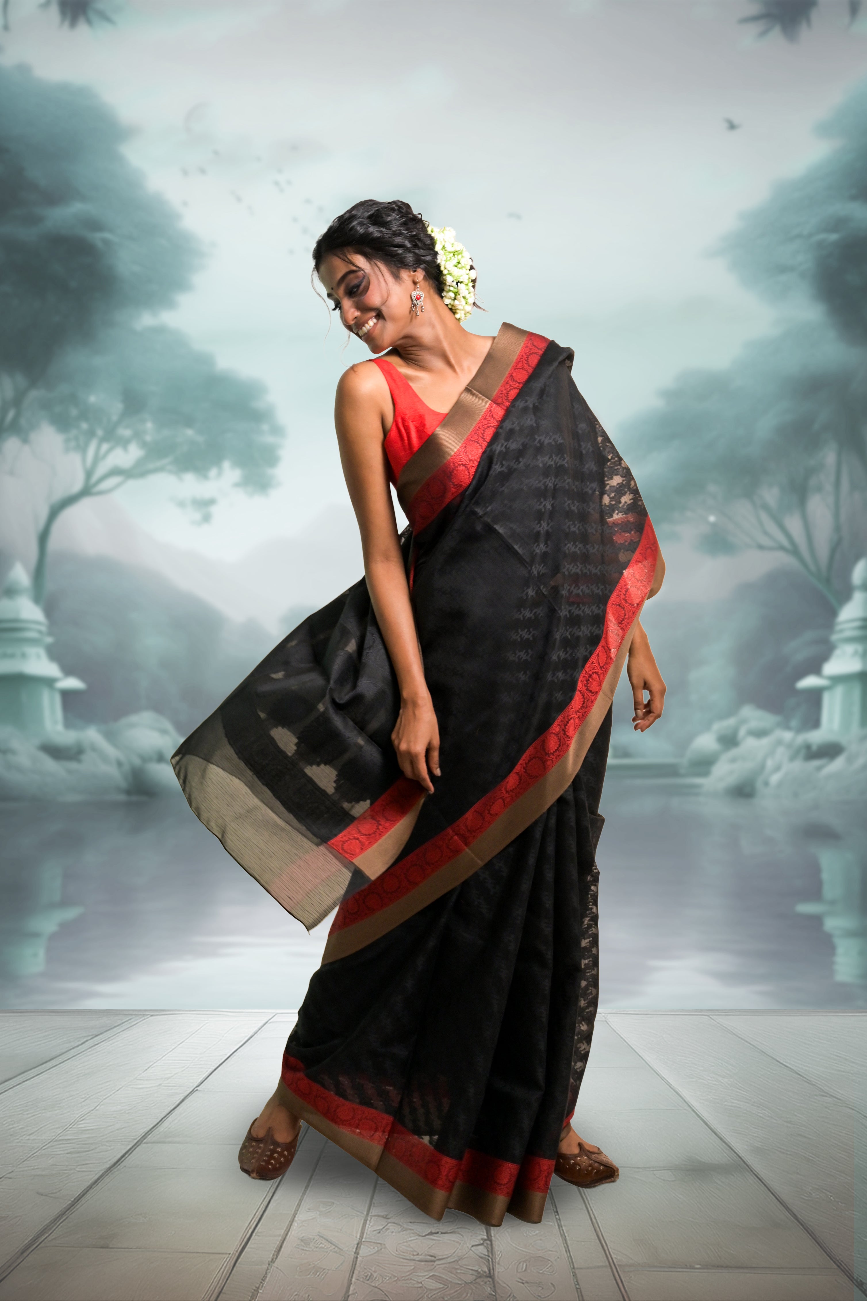 Nirvana I Black Handloom Cotton Saree with Red Floral Border
