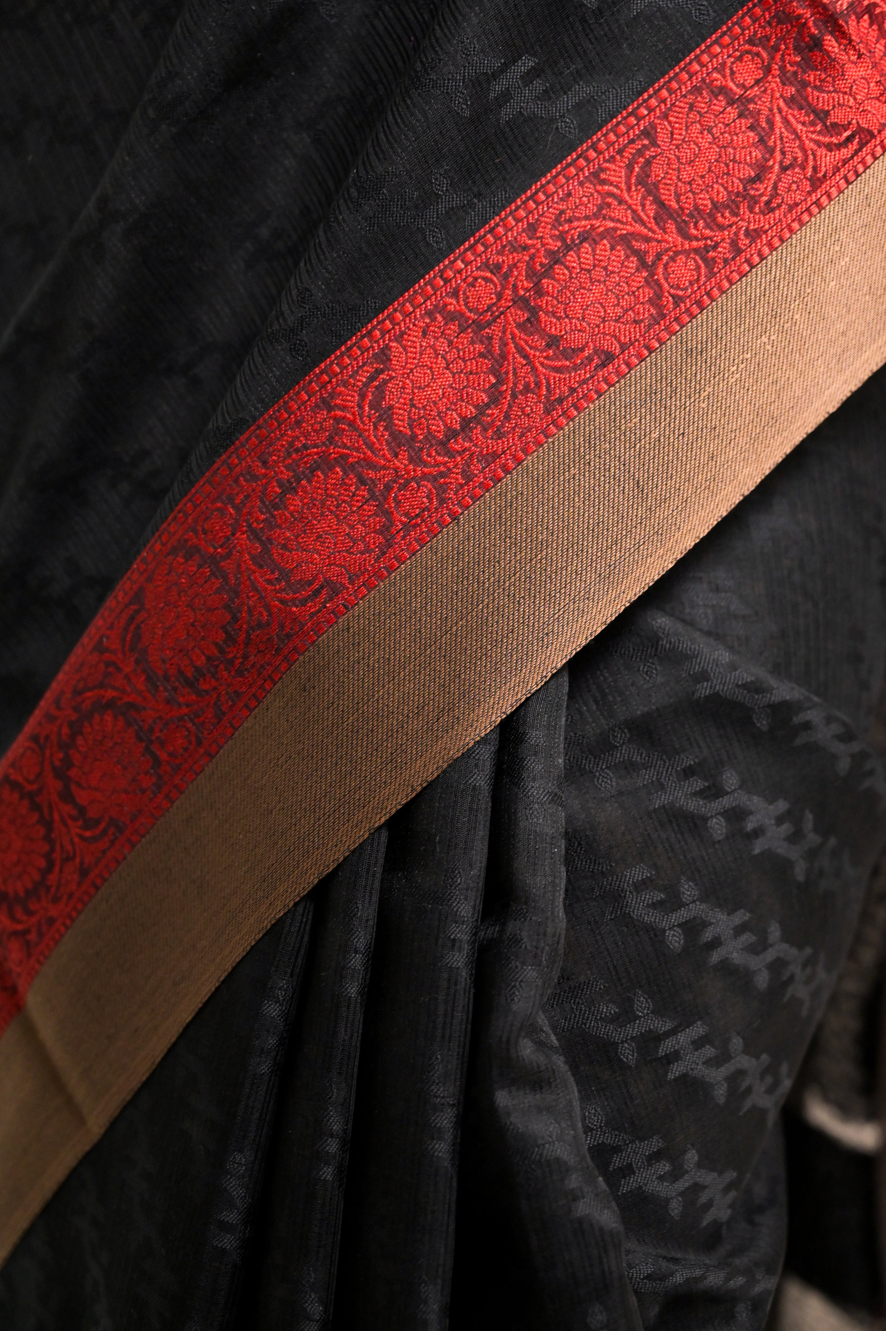 Nirvana I Black Handloom Cotton Saree with Red Floral Border