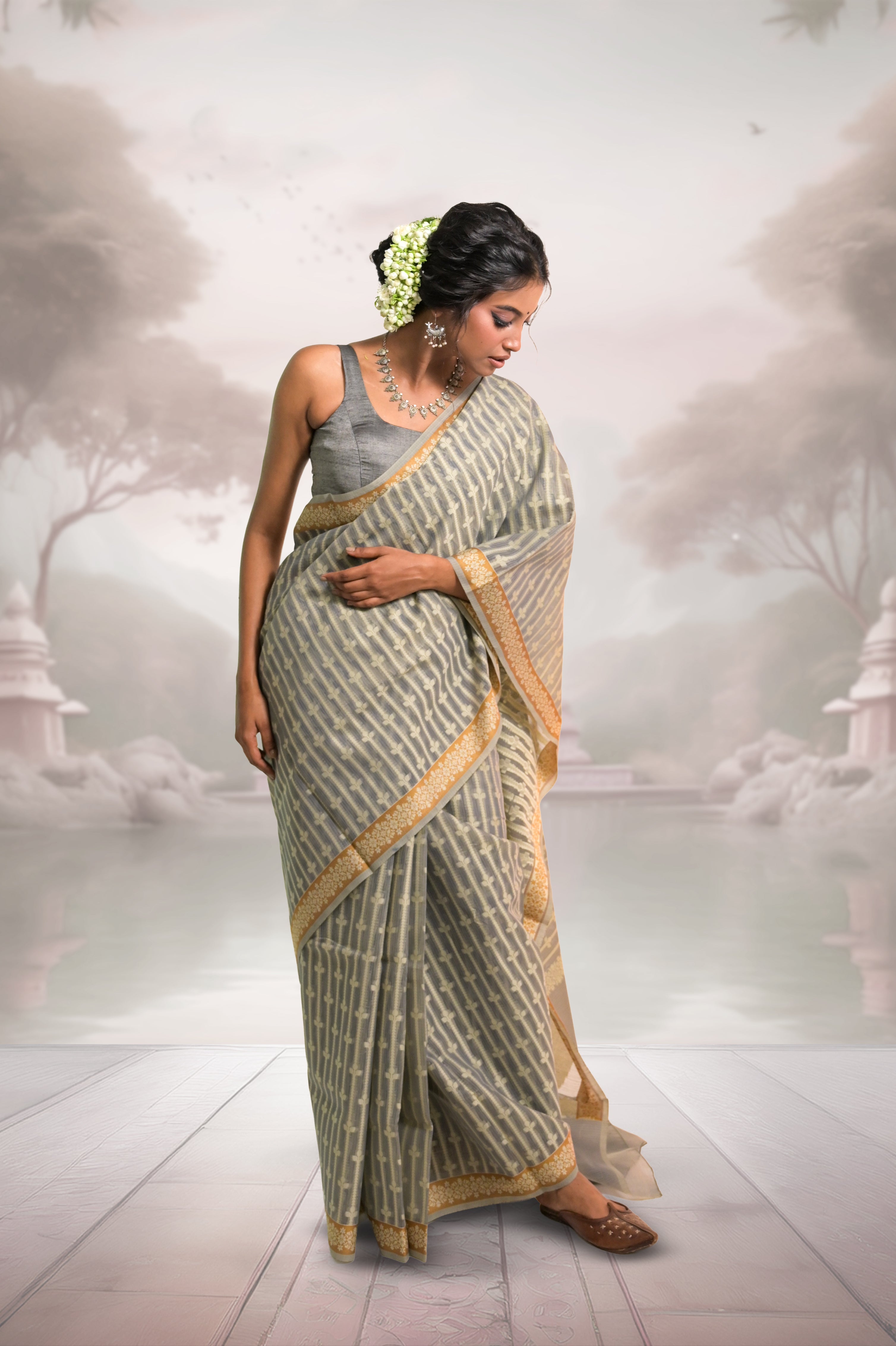 Nivaah I Grey Handloom Cotton Banarasi Saree with Floral Border and striped leave vines