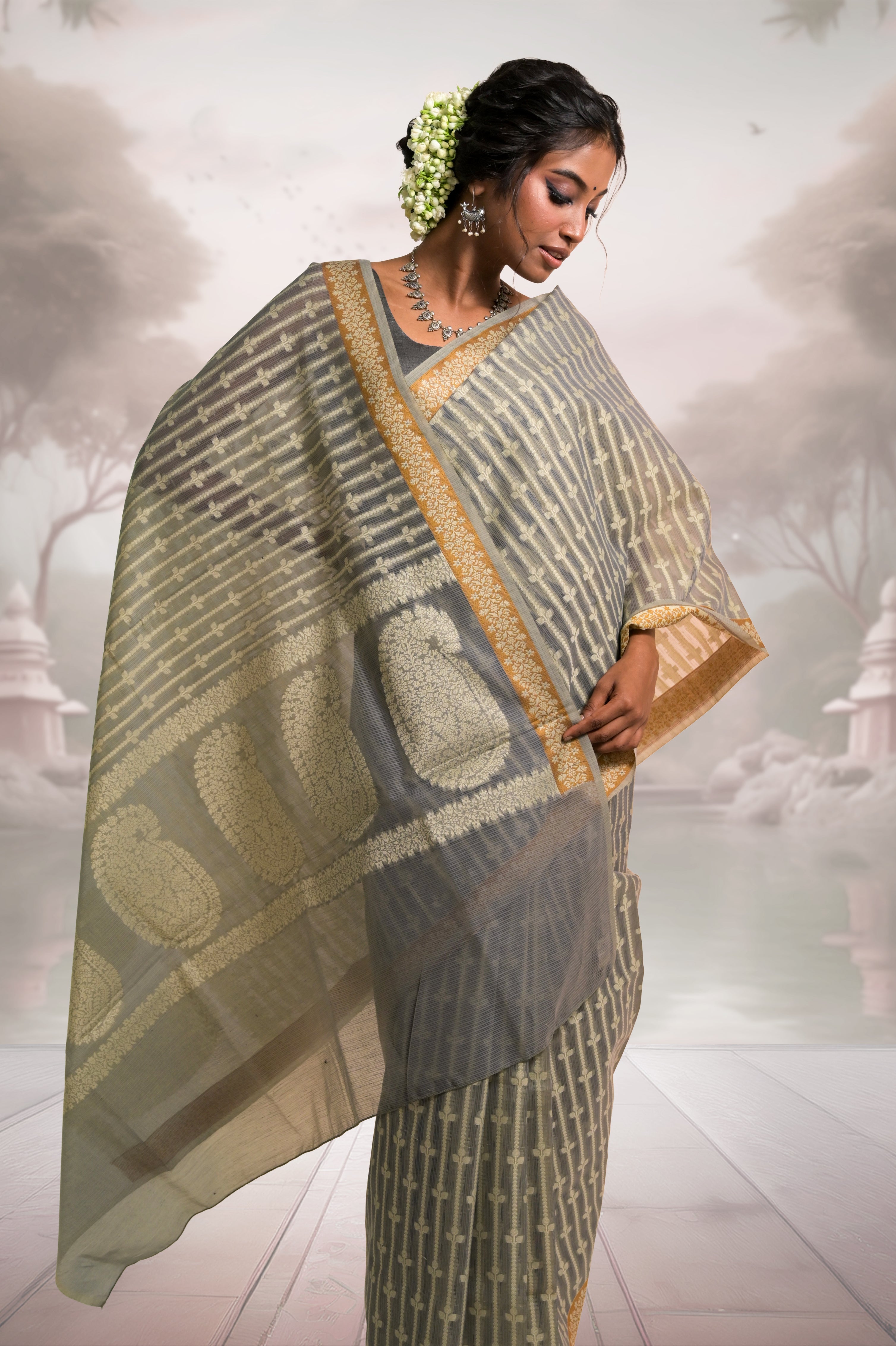Nivaah I Grey Handloom Cotton Banarasi Saree with Floral Border and striped leave vines