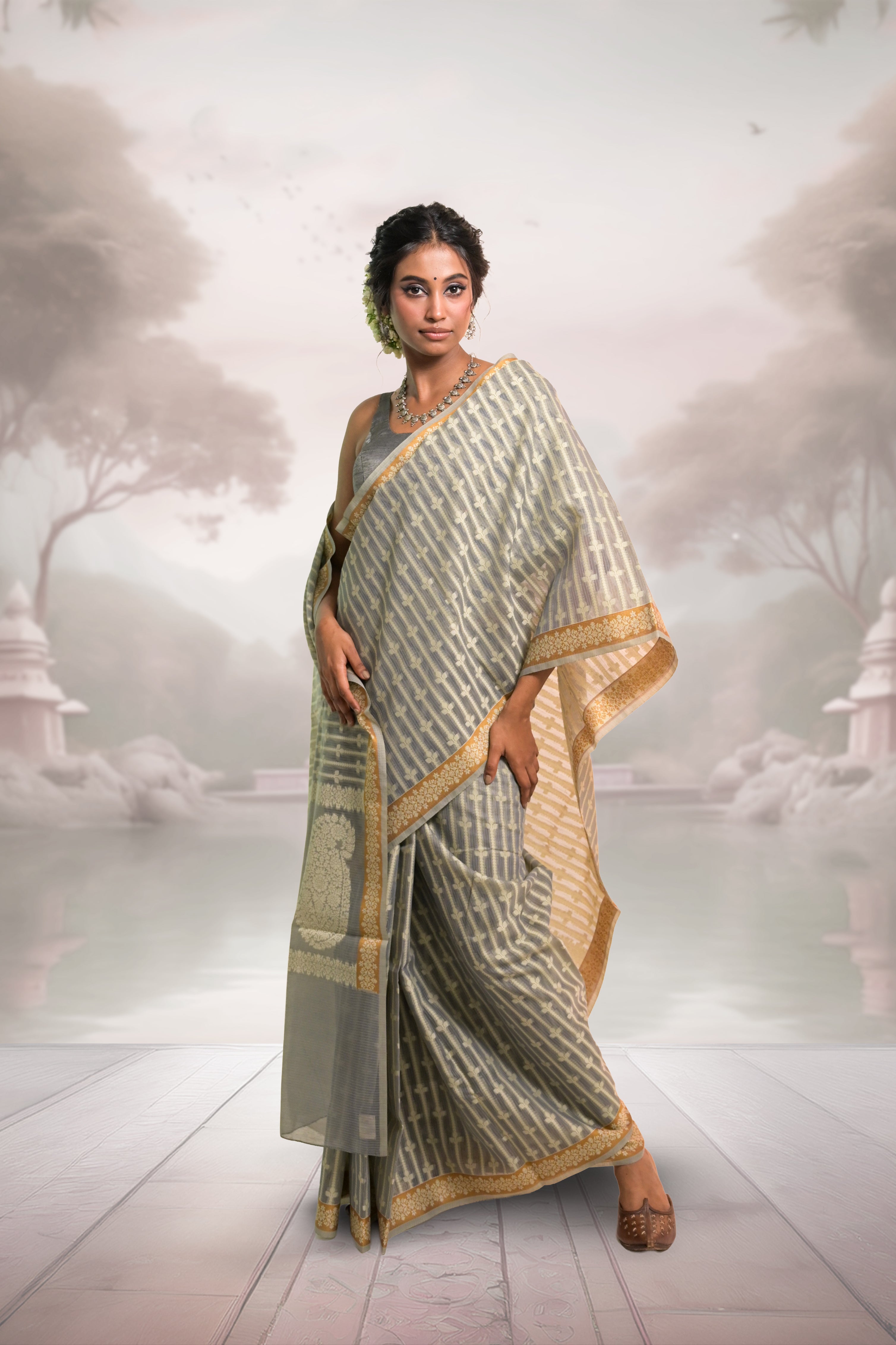 Nivaah I Grey Handloom Cotton Banarasi Saree with Floral Border and striped leave vines