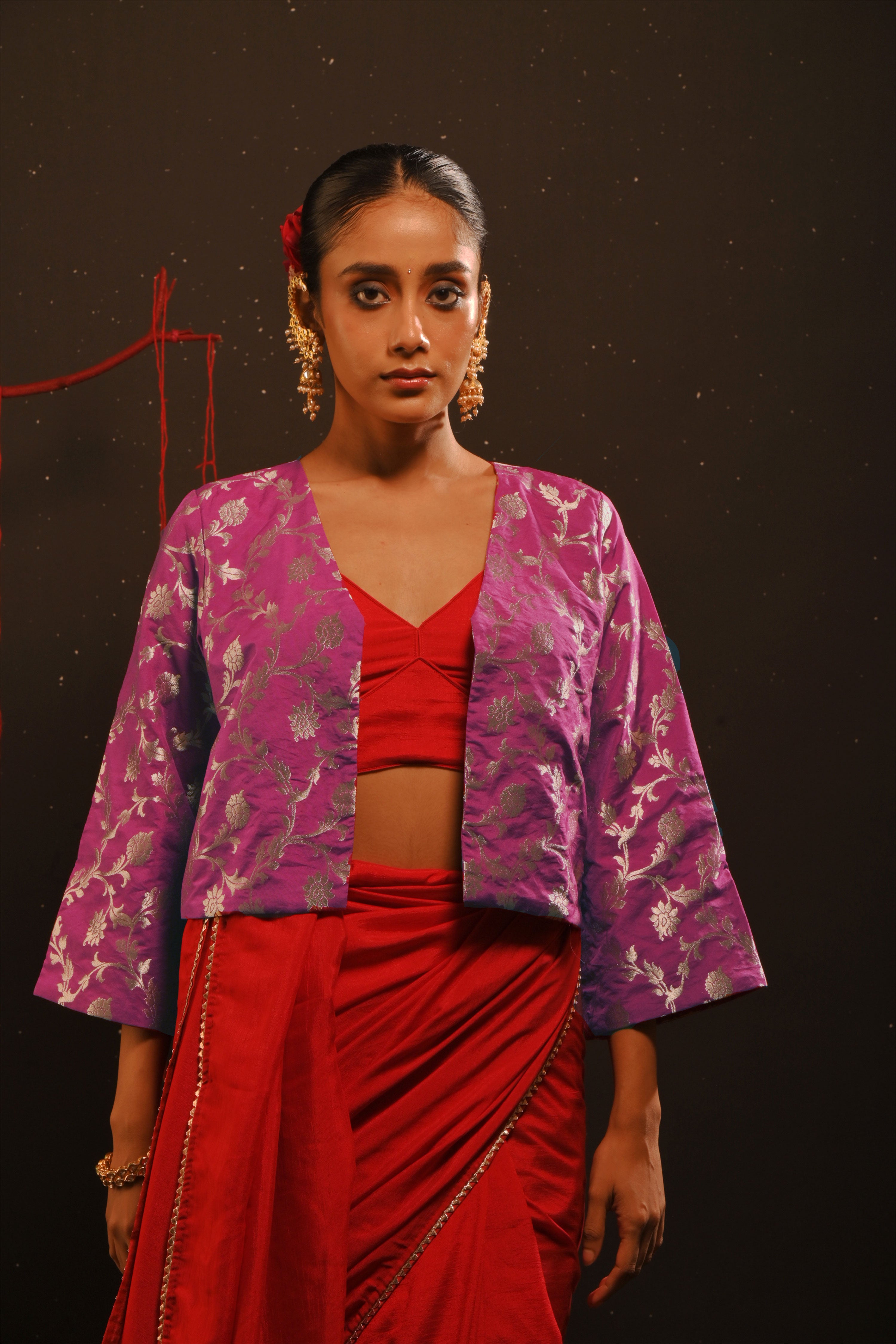 Vihana I Red chinon saree paired with red chinon blouse and brocade jacket