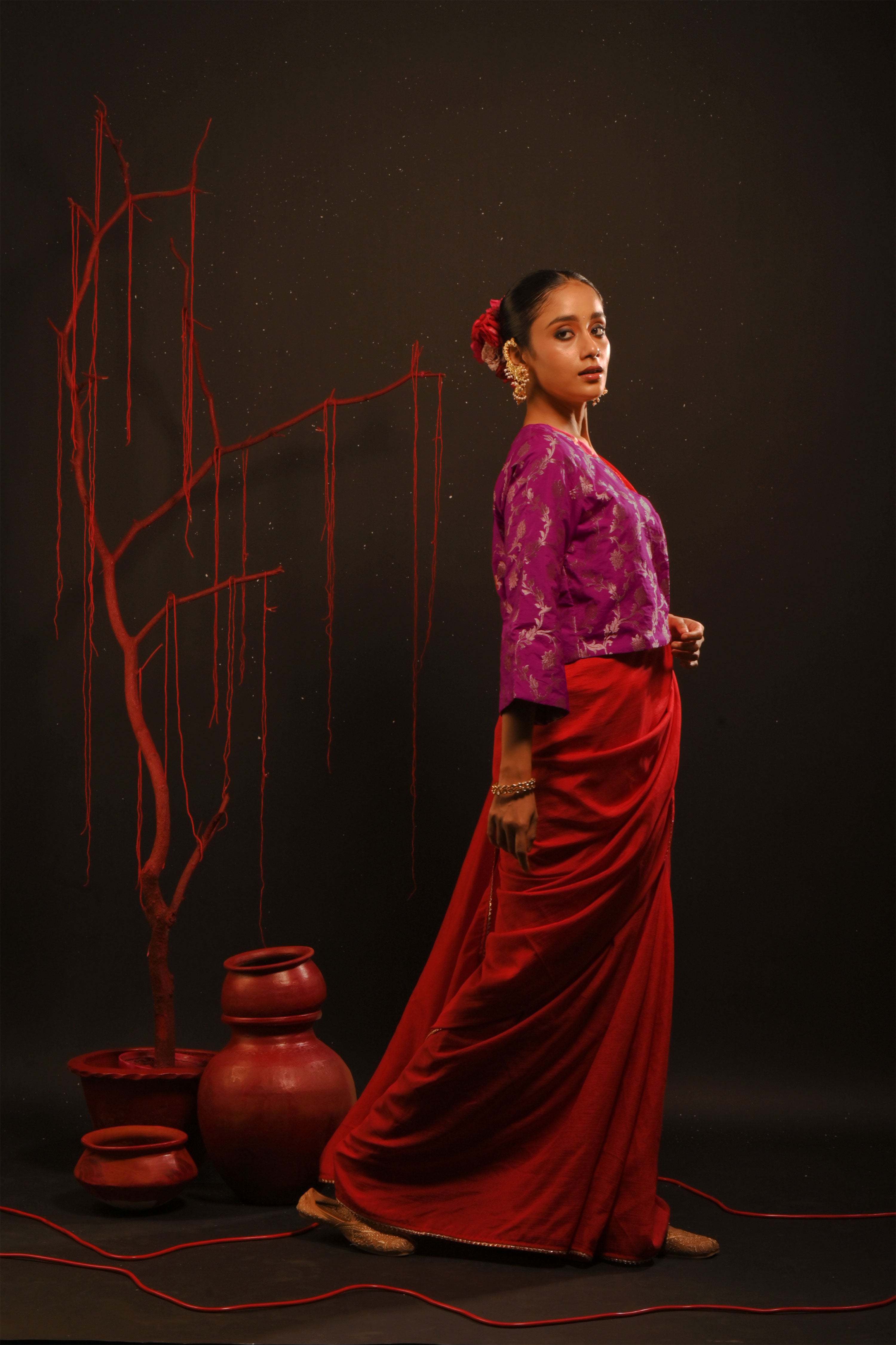 Vihana I Red chinon saree paired with red chinon blouse and brocade jacket