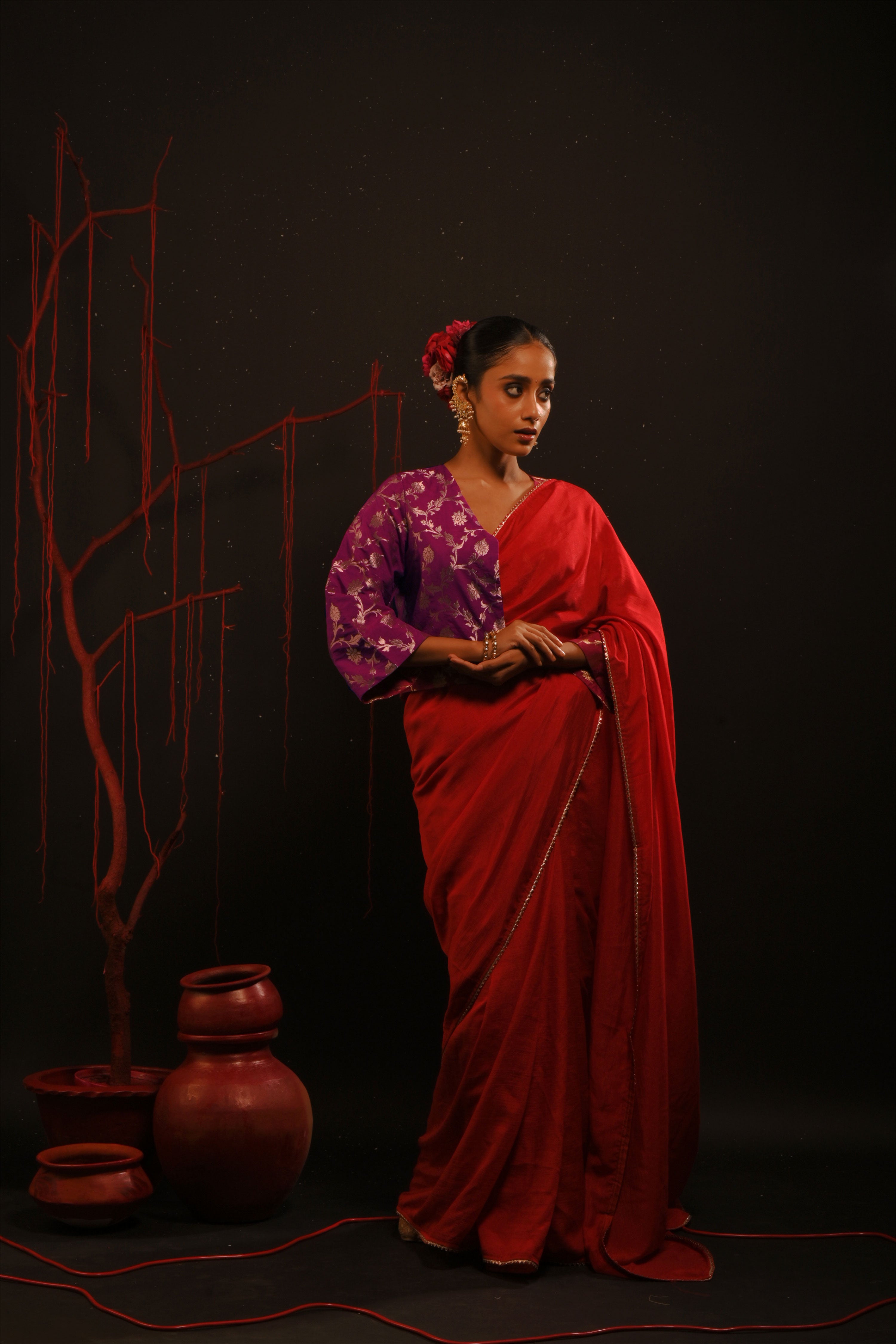 Vihana I Red chinon saree paired with red chinon blouse and brocade jacket