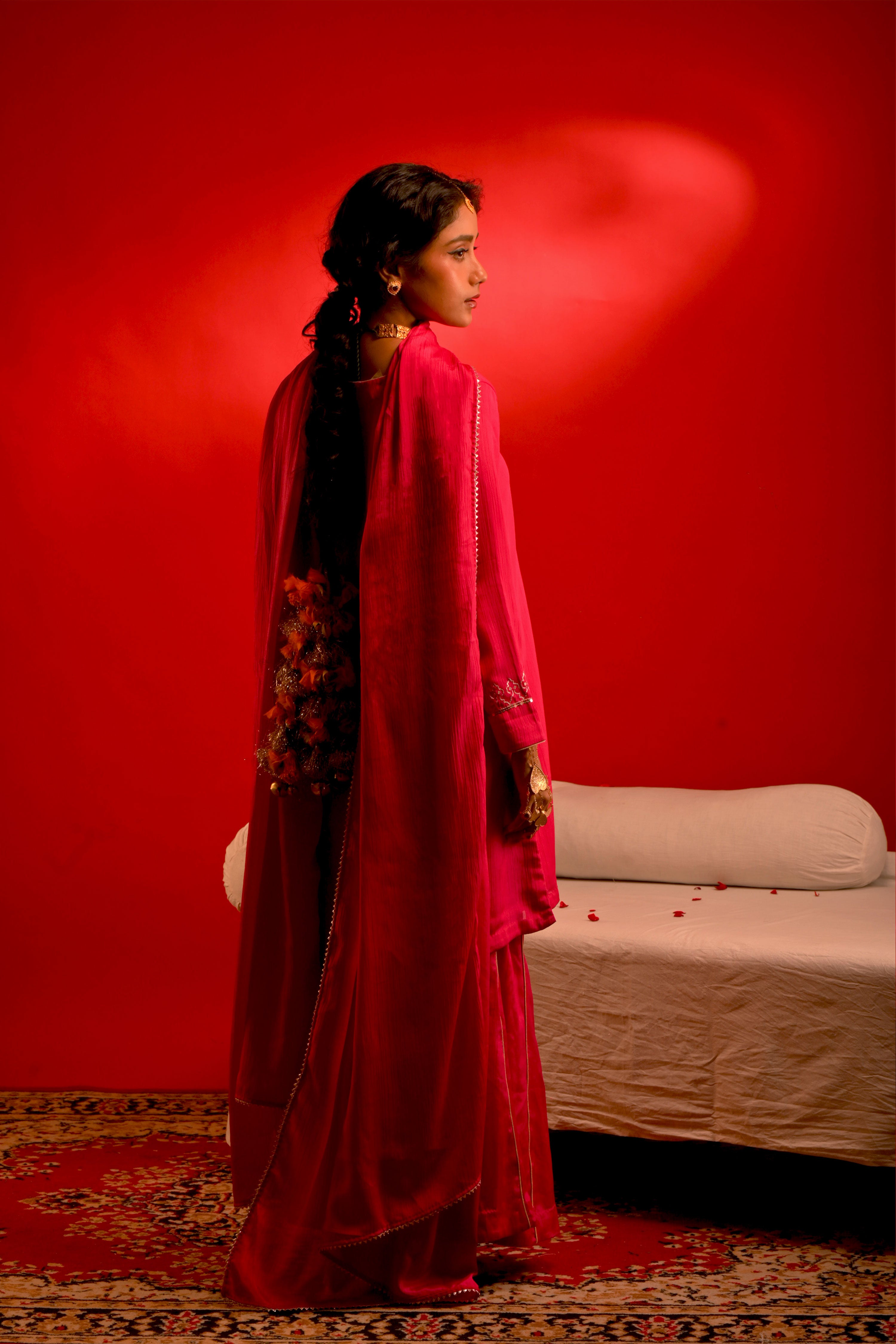 Saaz I Hot Pink chinon hand embroidered kurta pant set with dupatta