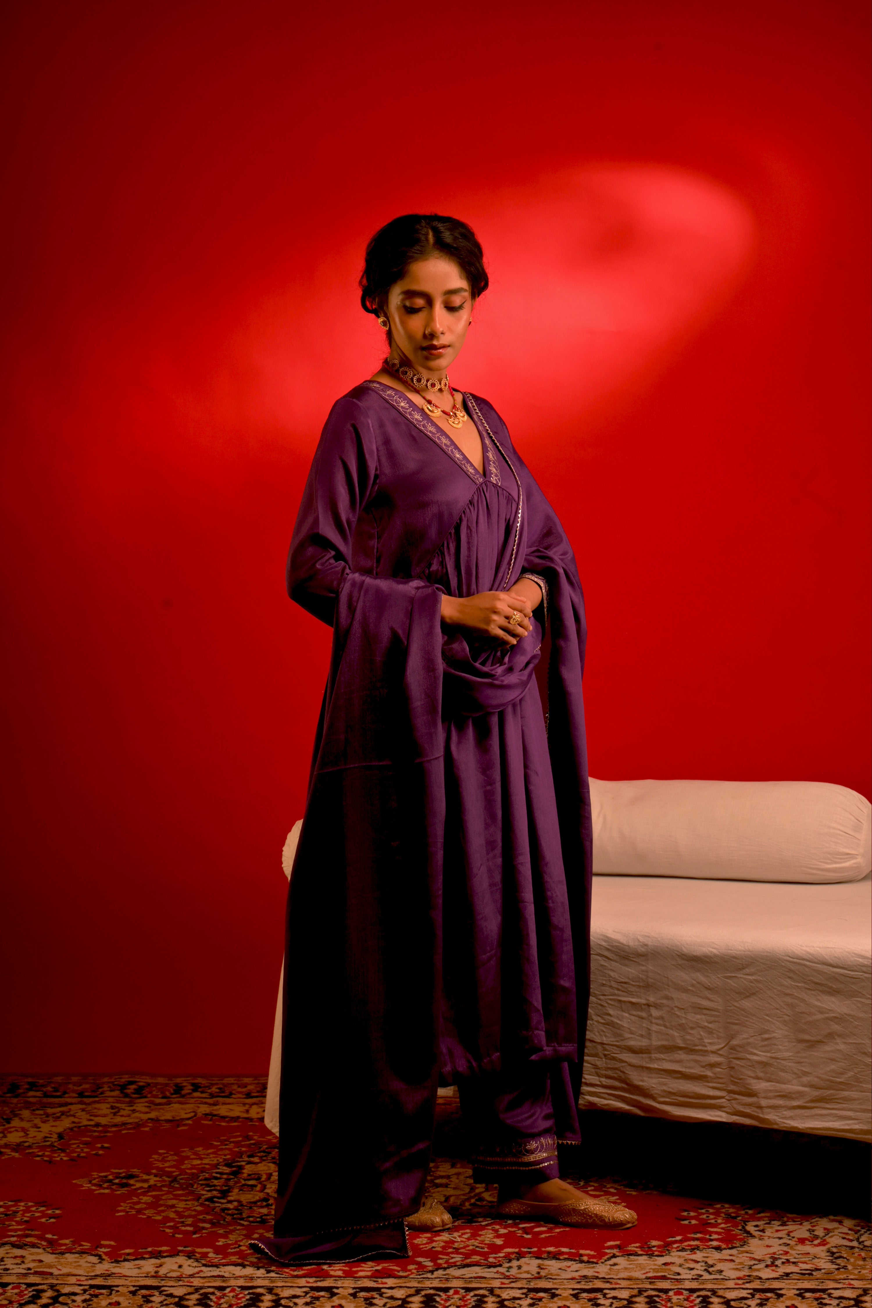 Preet I Purple chinon hand embroidered kurta pant set with dupatta