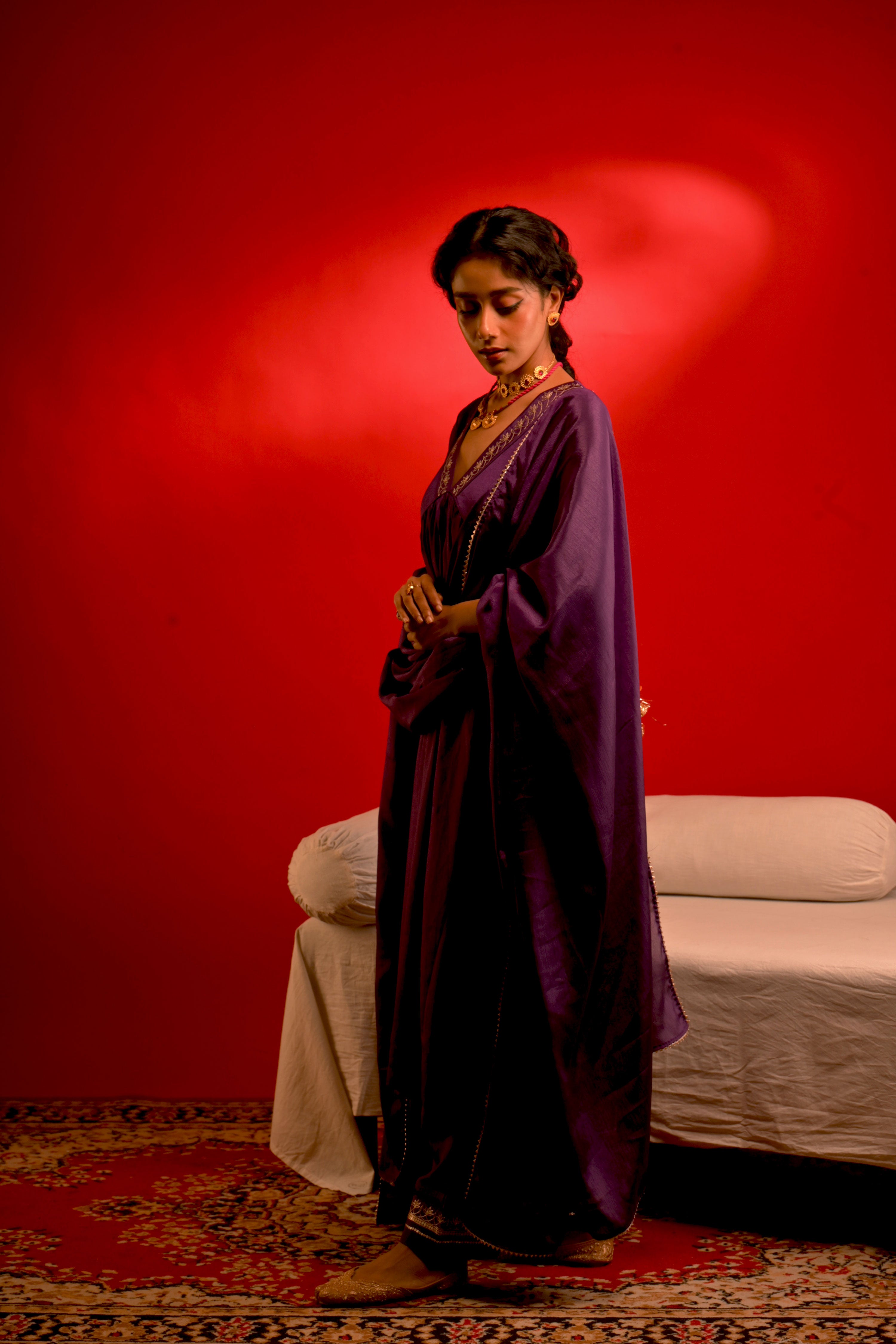 Preet I Purple chinon hand embroidered kurta pant set with dupatta