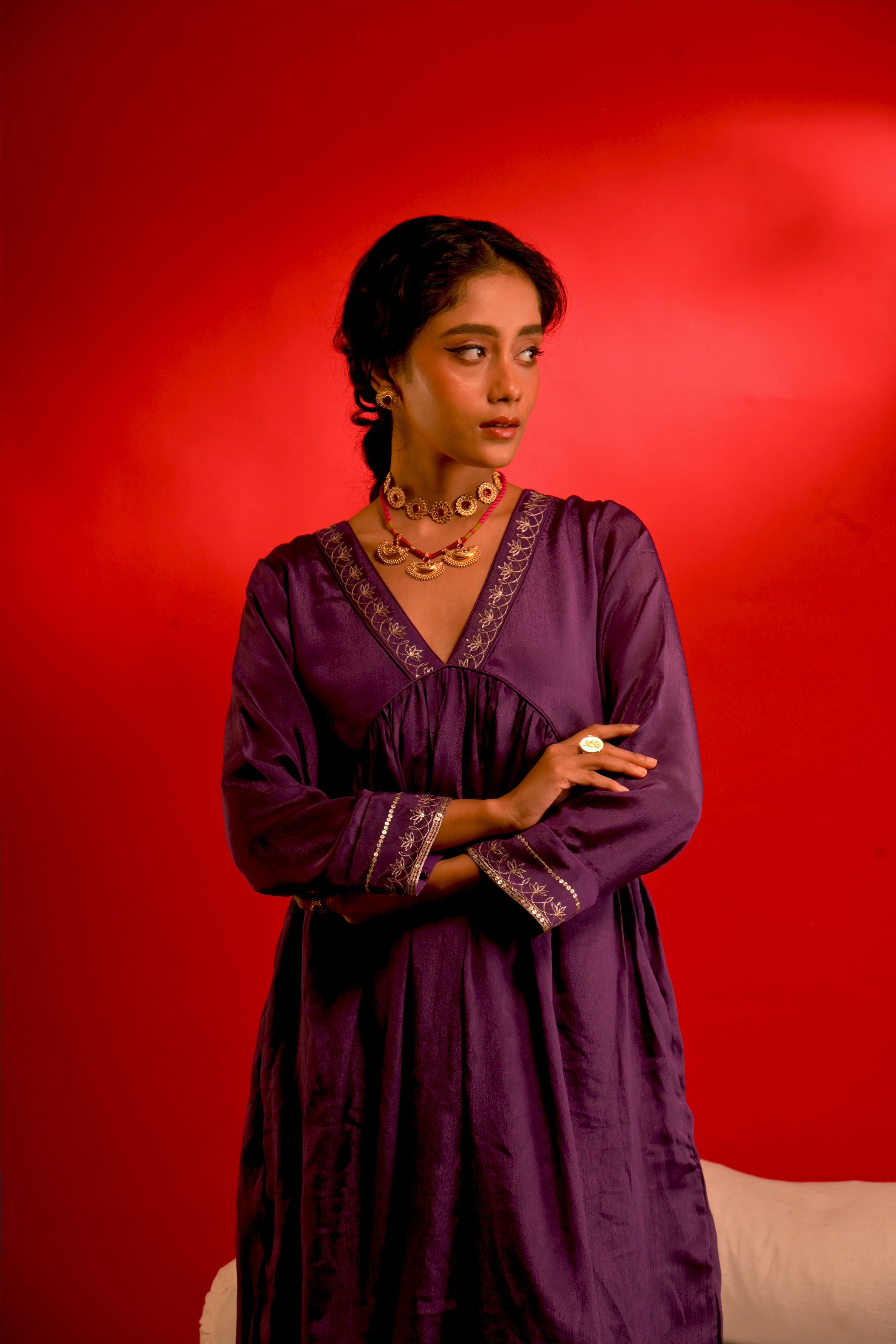 Preet I Purple chinon hand embroidered kurta pant set with dupatta