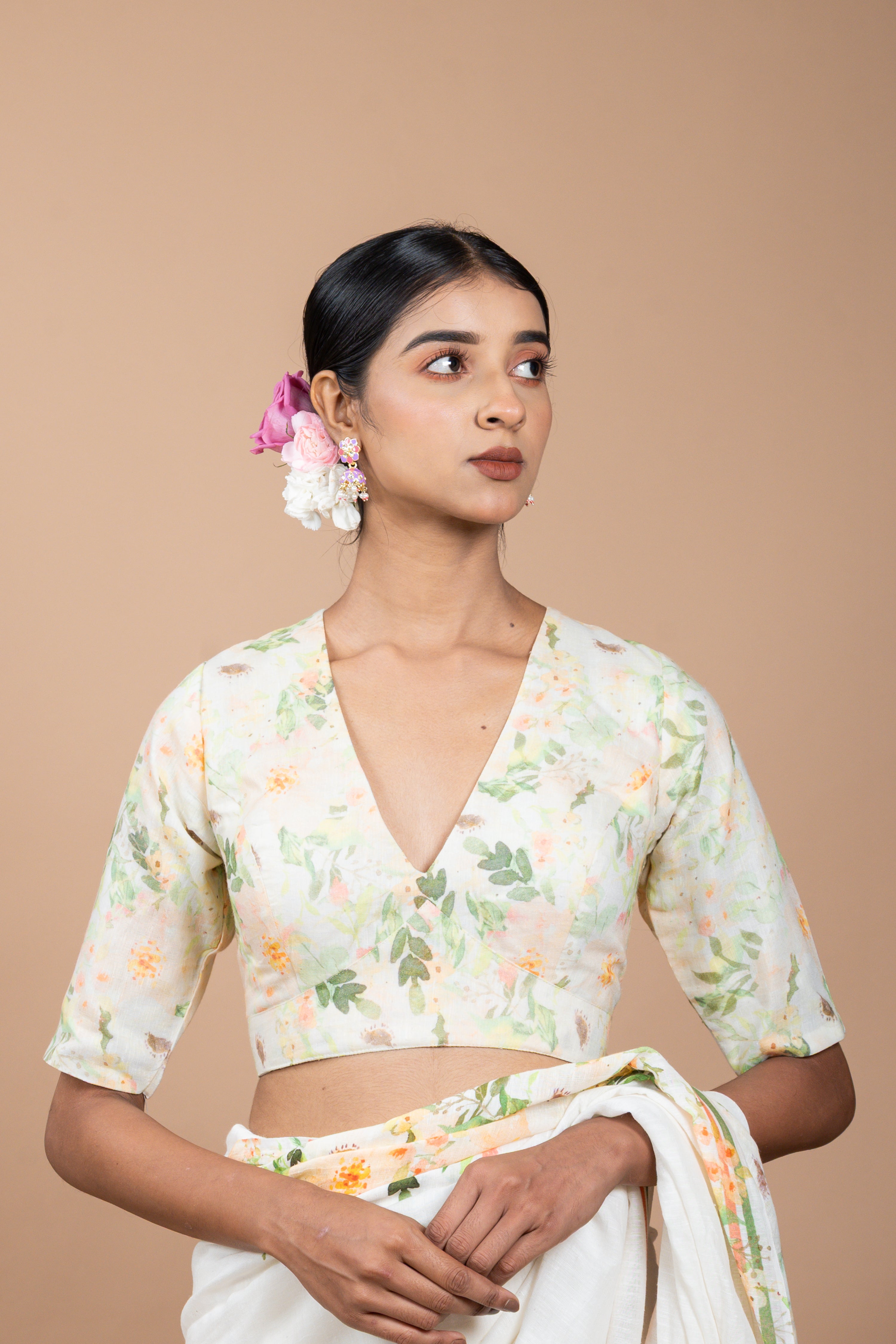 White Handwoven linen floral printed saree with ready to wear cream coloured floral printed blouse combo(Paarijat + Kamal)