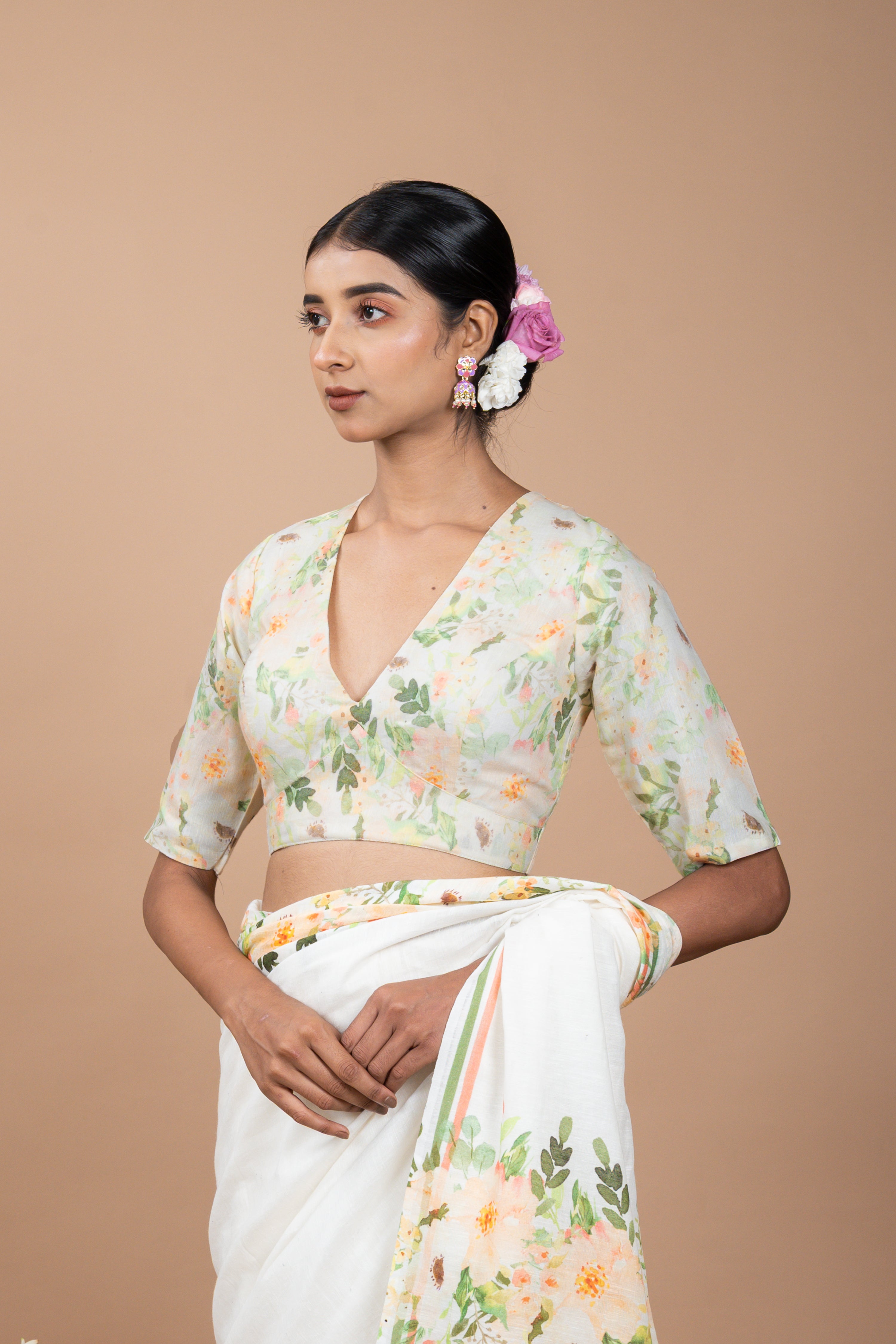 White Handwoven linen floral printed saree with ready to wear cream coloured floral printed blouse combo(Paarijat + Kamal)