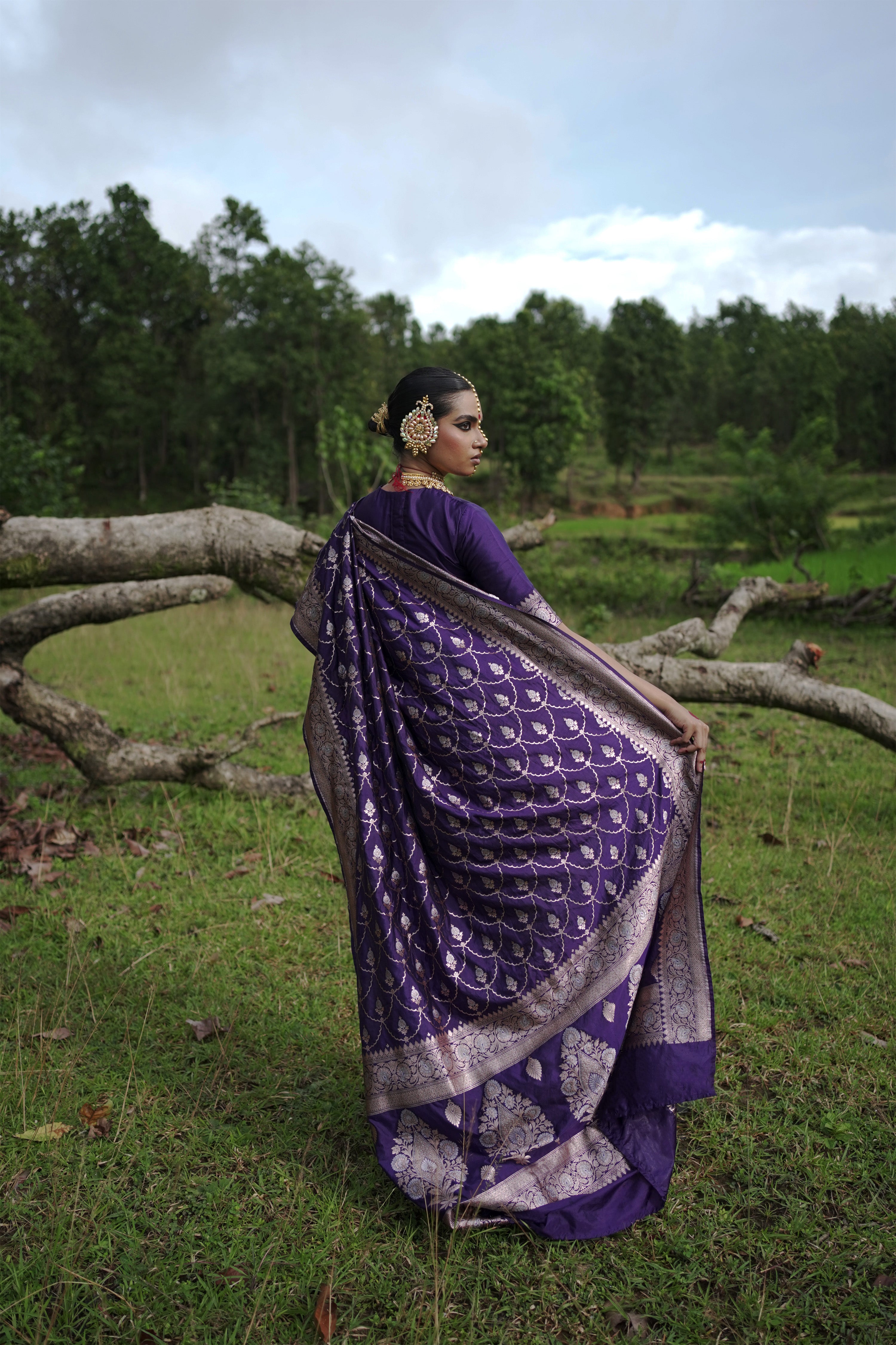 Shishira I Evening Blue Handwoven Katan Banarasi Saree with Jaal Pattern and Floral Border