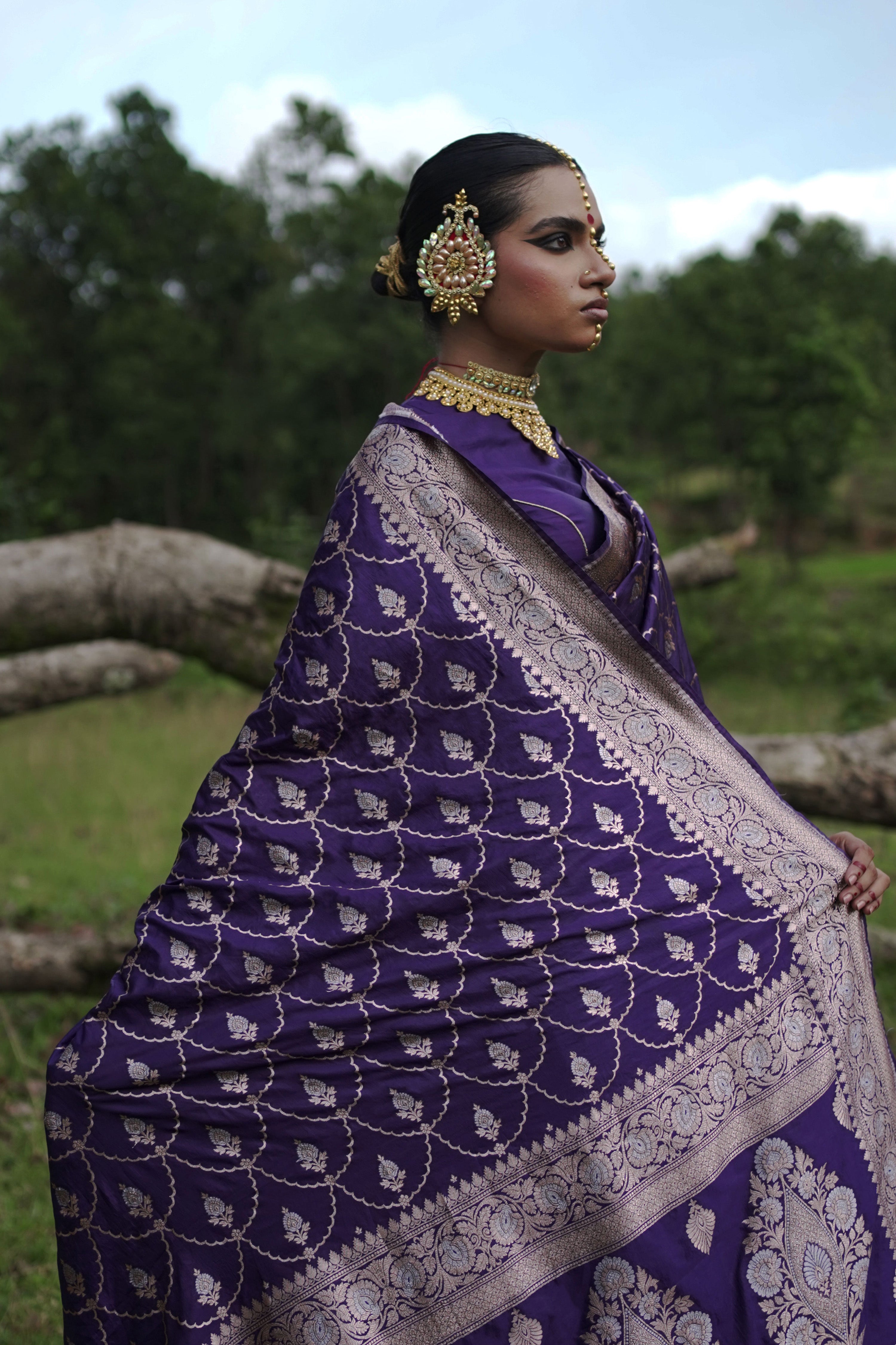 Shishira I Evening Blue Handwoven Katan Banarasi Saree with Jaal Pattern and Floral Border