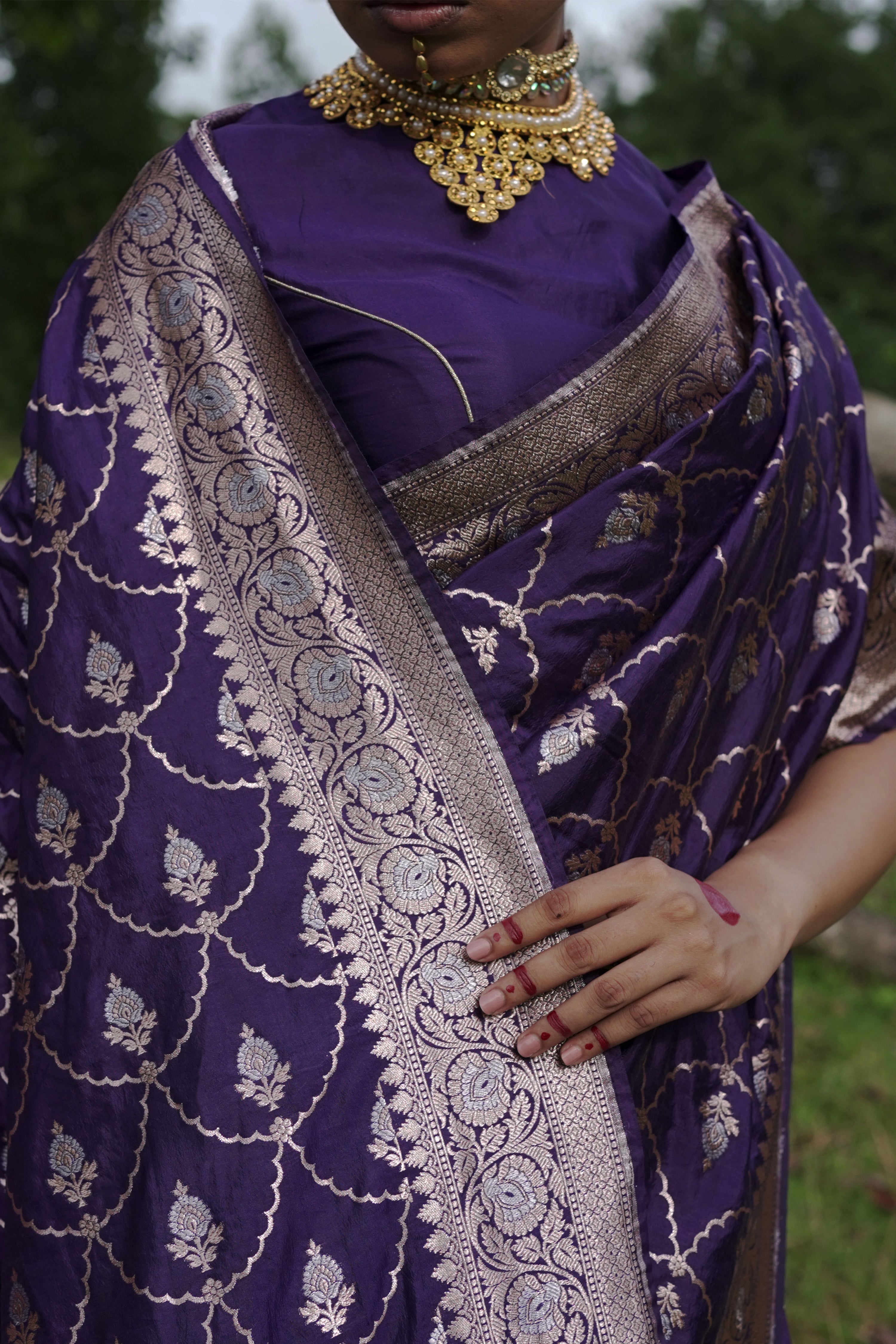 Shishira I Evening Blue Handwoven Katan Banarasi Saree with Jaal Pattern and Floral Border
