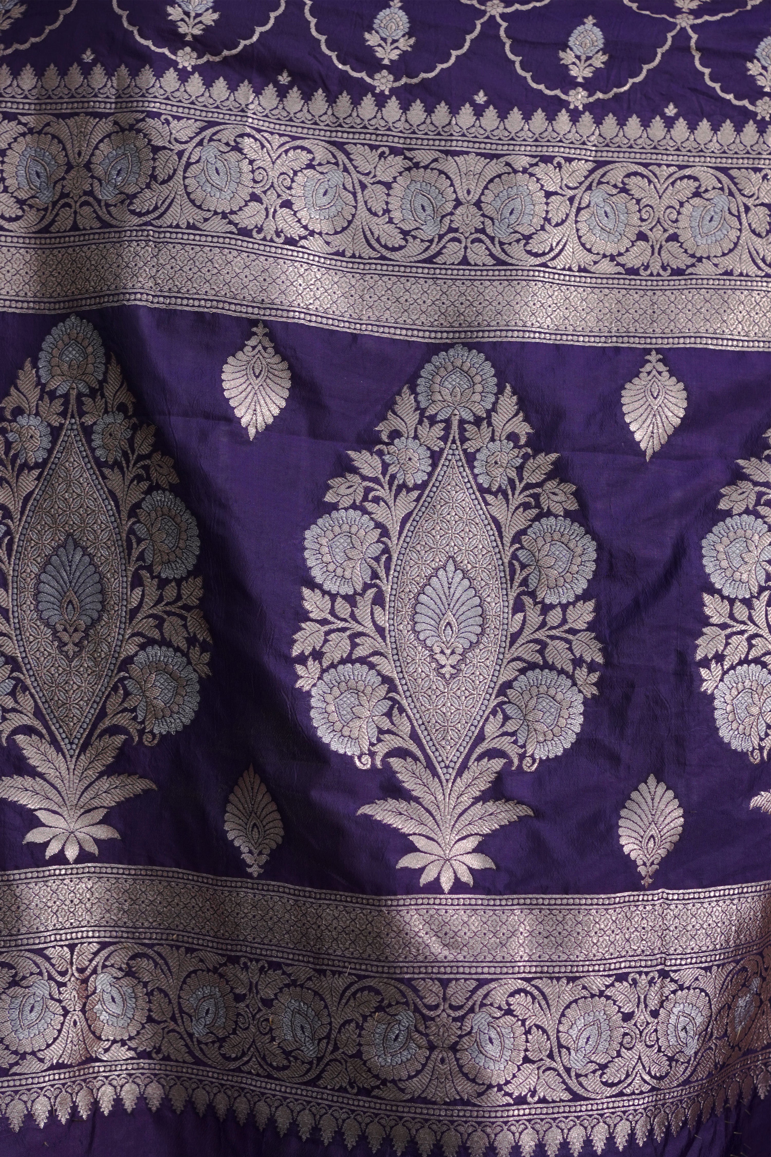 Shishira I Evening Blue Handwoven Katan Banarasi Saree with Jaal Pattern and Floral Border