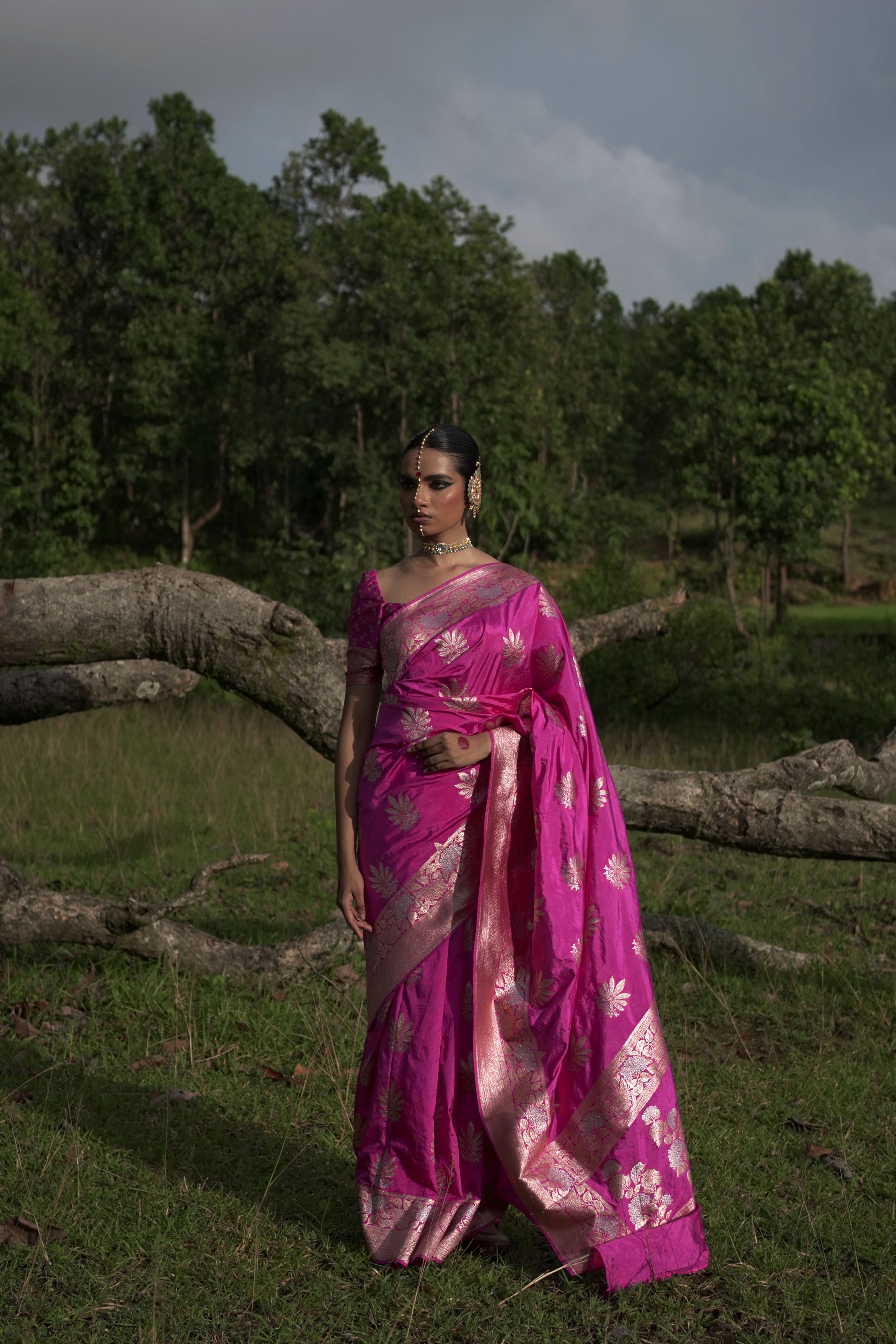 Mridangini I Fuschia Pink Handwoven Katan Banarasi Saree with Floral Jaal Zari Border and Hemp Butas