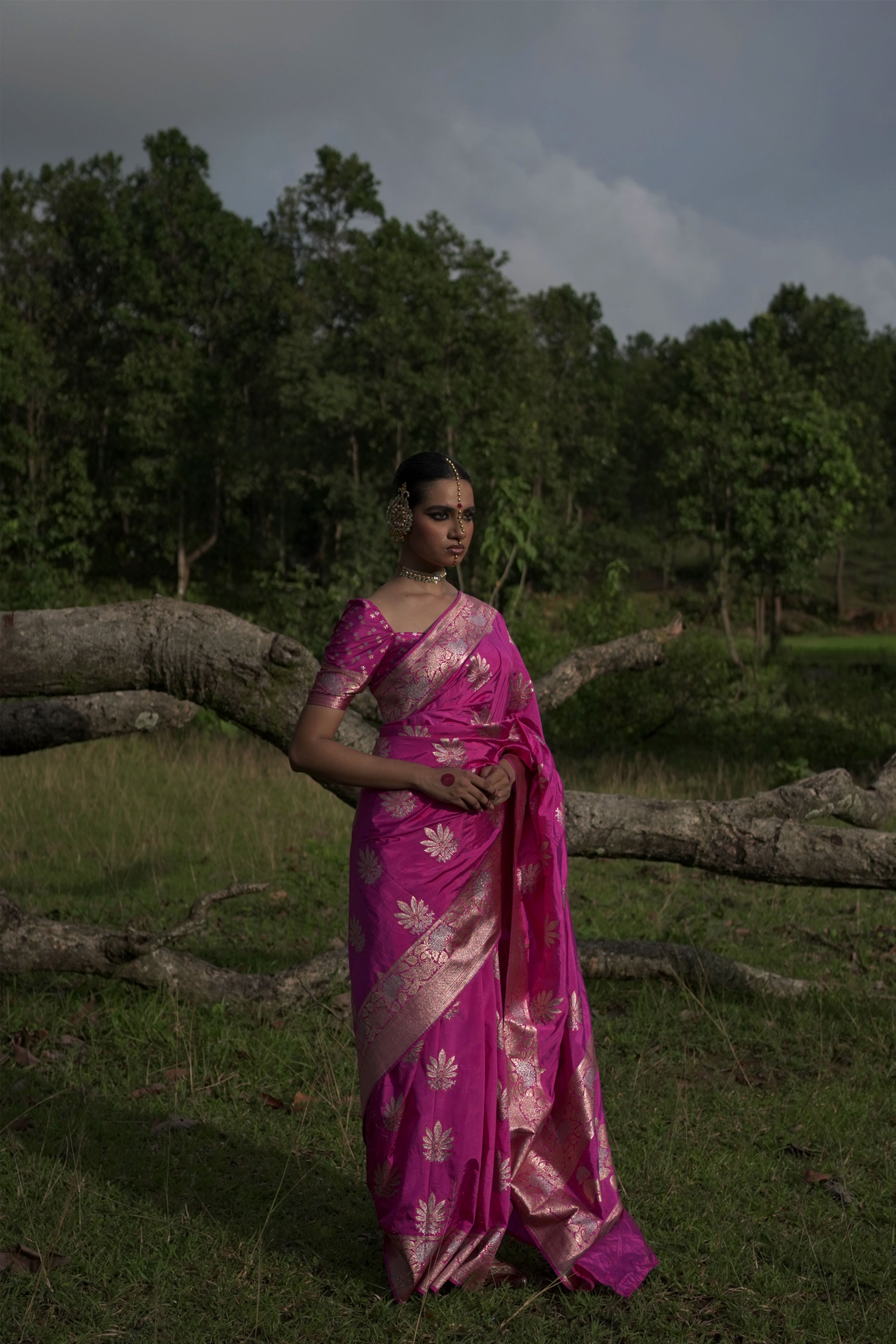 Mridangini I Fuschia Pink Handwoven Katan Banarasi Saree with Floral Jaal Zari Border and Hemp Butas