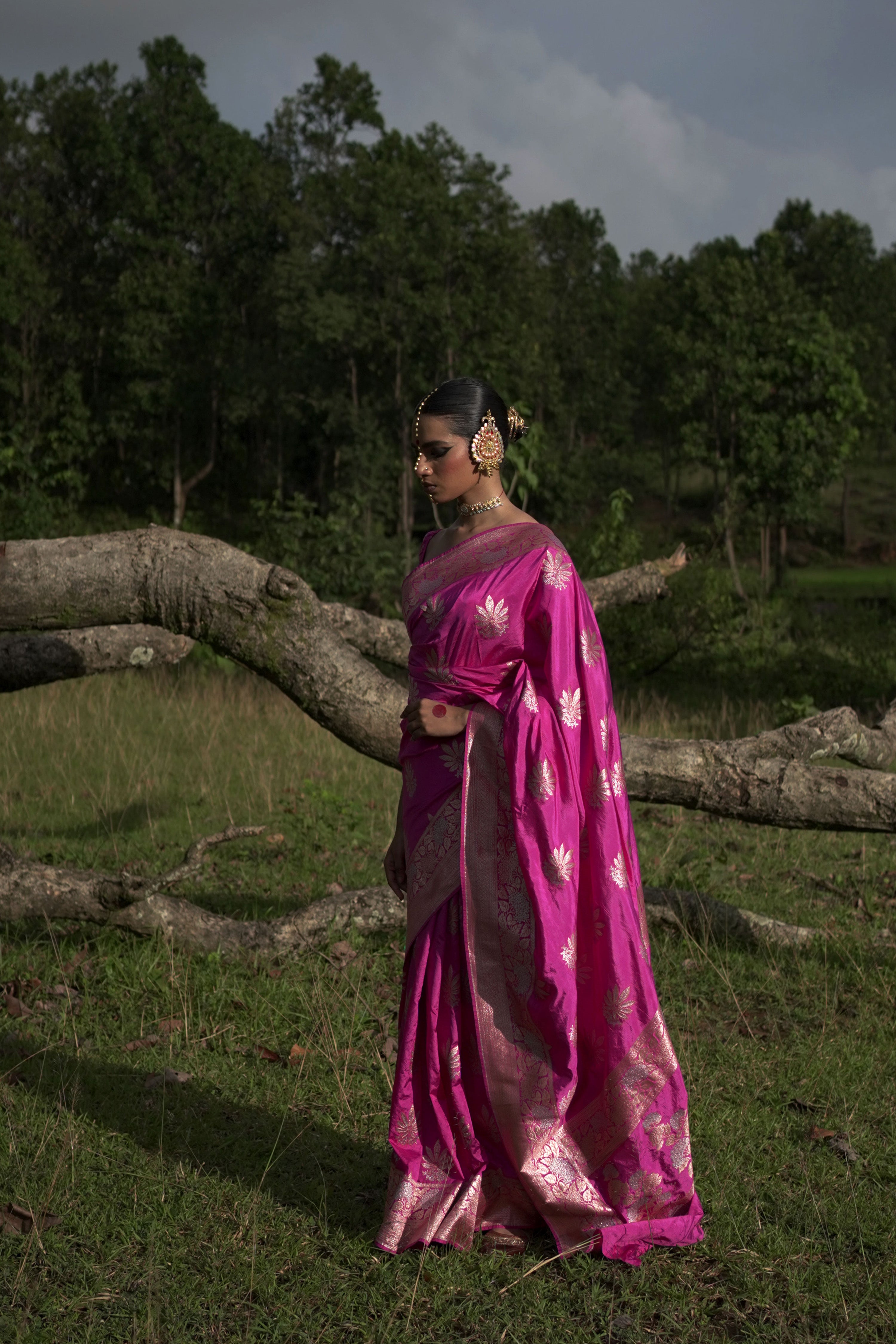 Mridangini I Fuschia Pink Handwoven Katan Banarasi Saree with Floral Jaal Zari Border and Hemp Butas