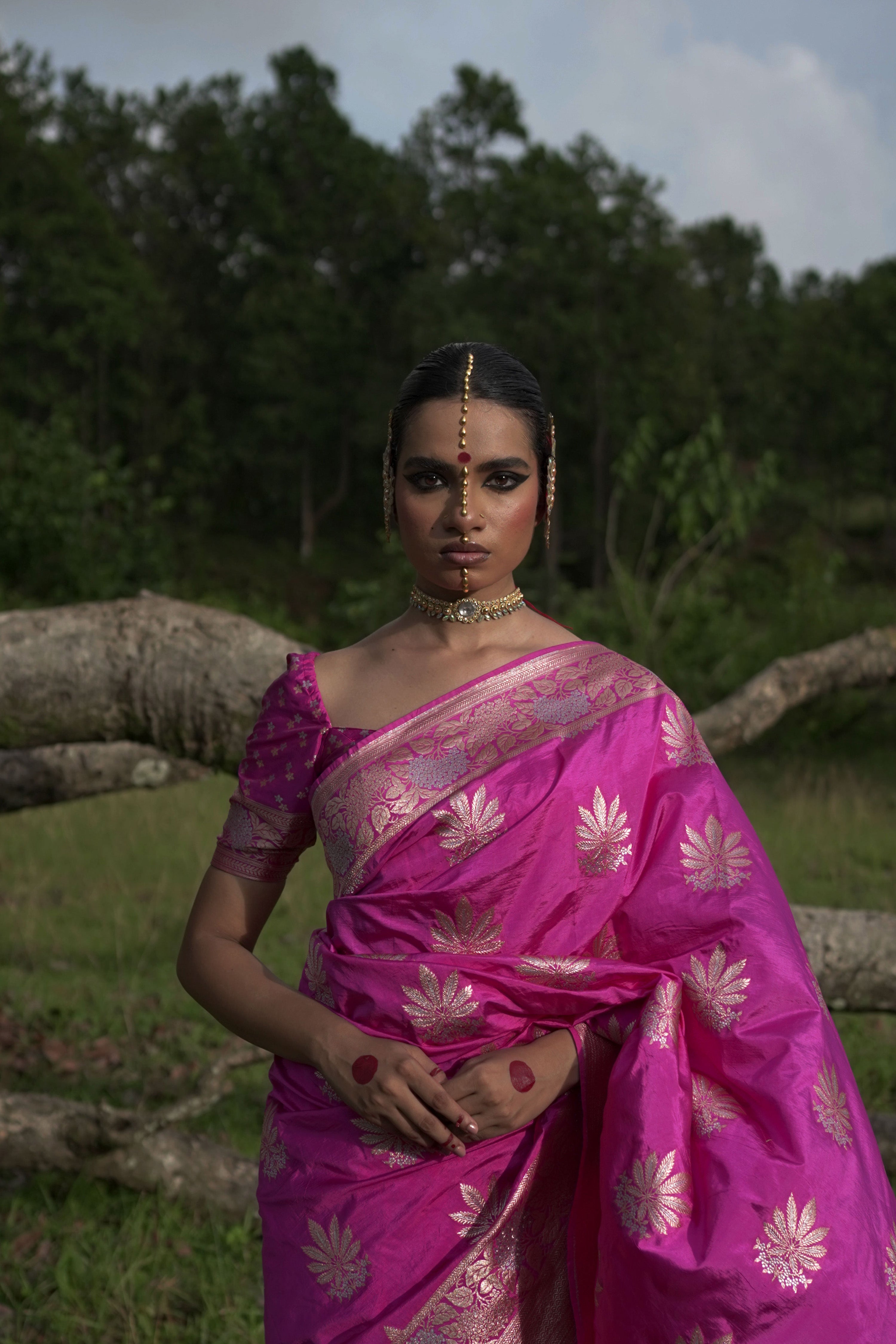 Mridangini I Fuschia Pink Handwoven Katan Banarasi Saree with Floral Jaal Zari Border and Hemp Butas