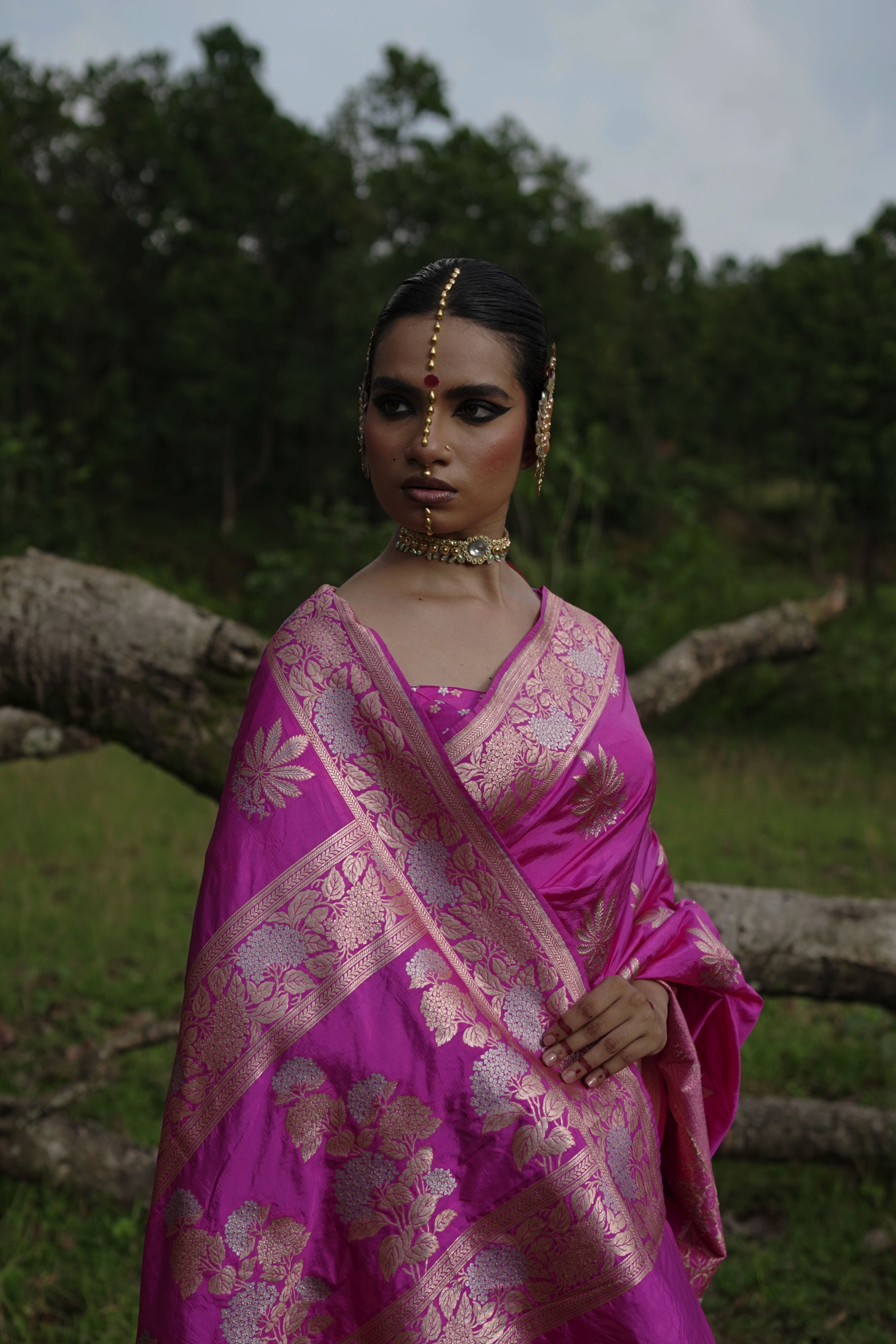 Mridangini I Fuschia Pink Handwoven Katan Banarasi Saree with Floral Jaal Zari Border and Hemp Butas