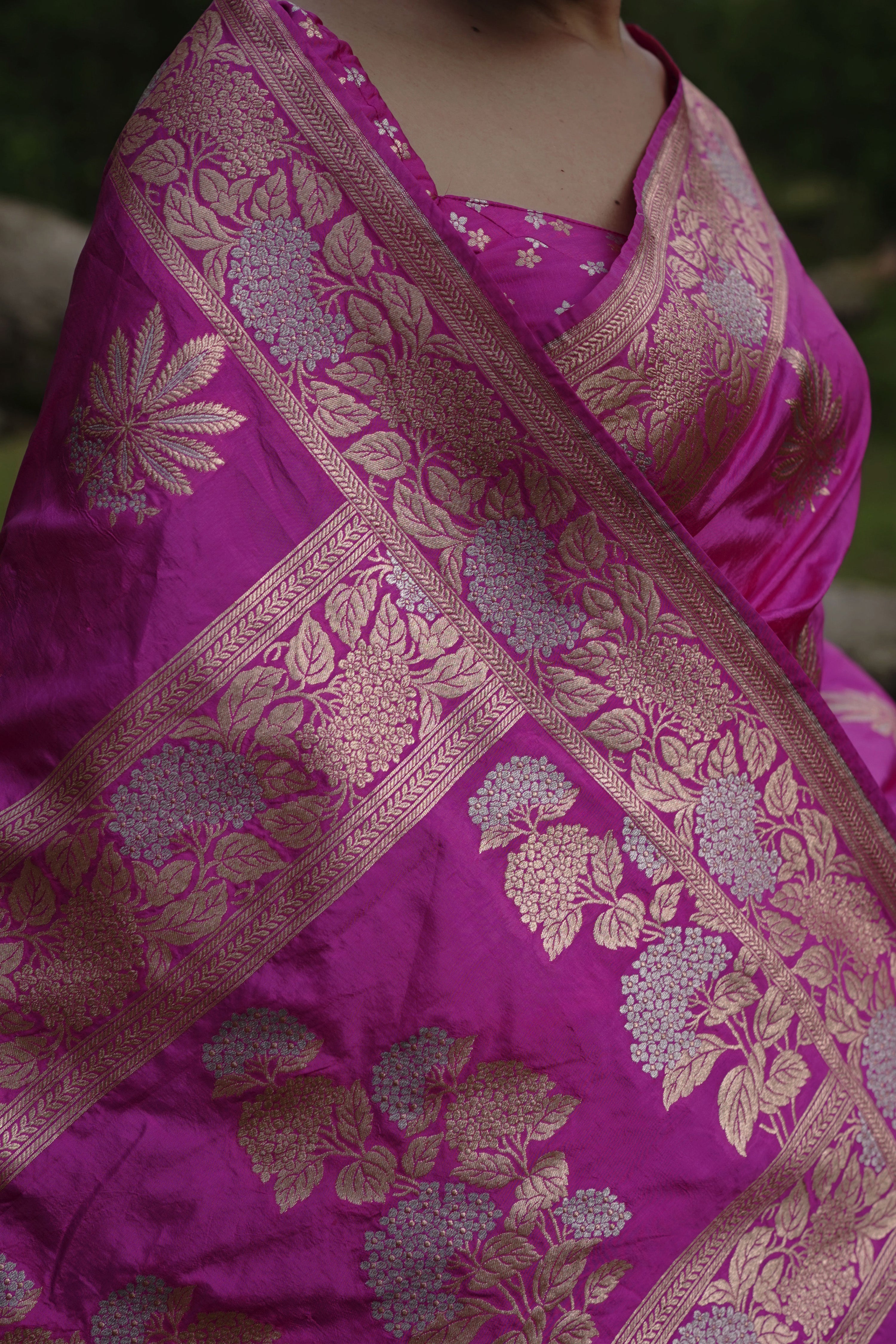 Mridangini I Fuschia Pink Handwoven Katan Banarasi Saree with Floral Jaal Zari Border and Hemp Butas