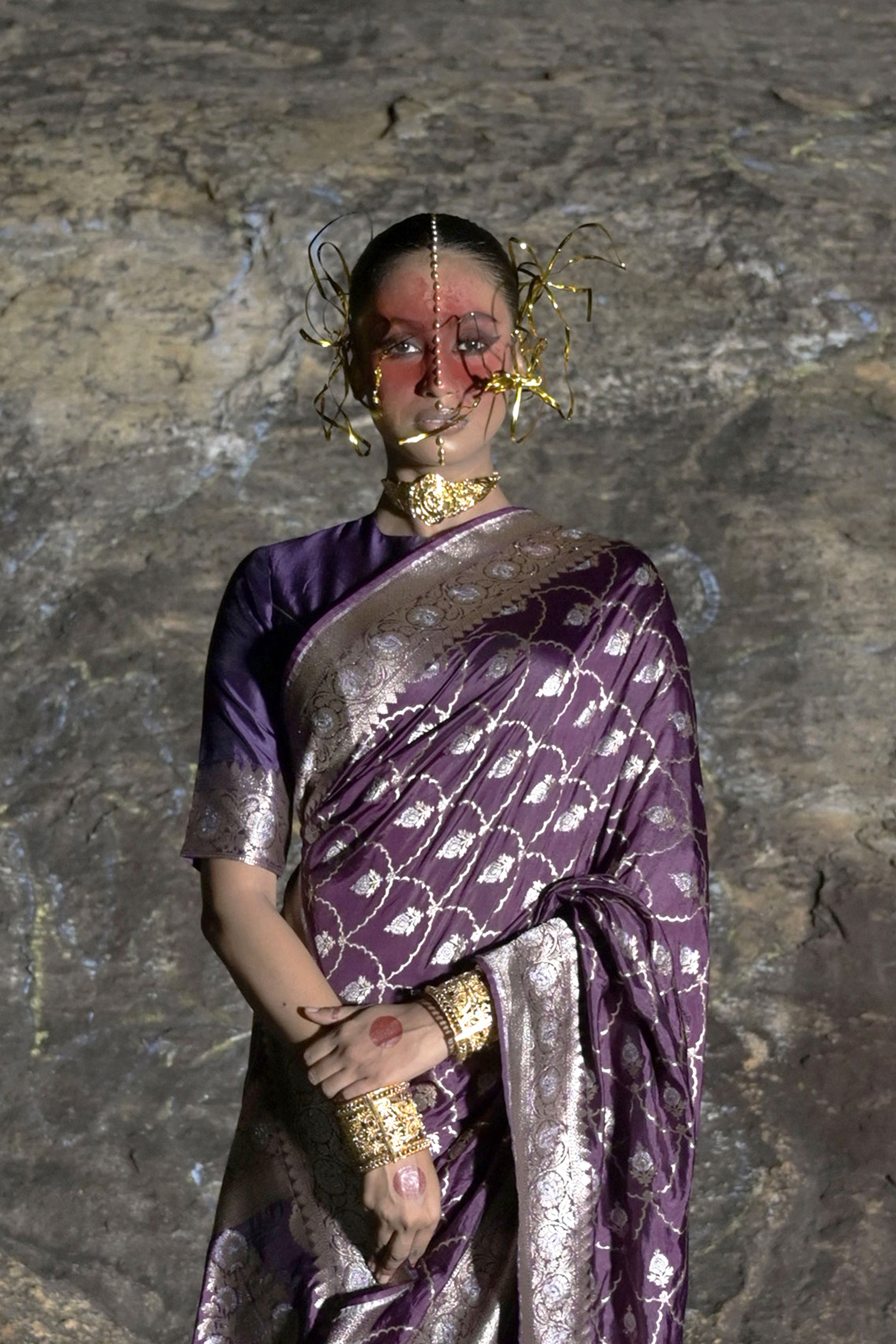 Rangmaalika I Plum Handwoven Katan Banarasi Saree with Jaal Pattern and Floral Border