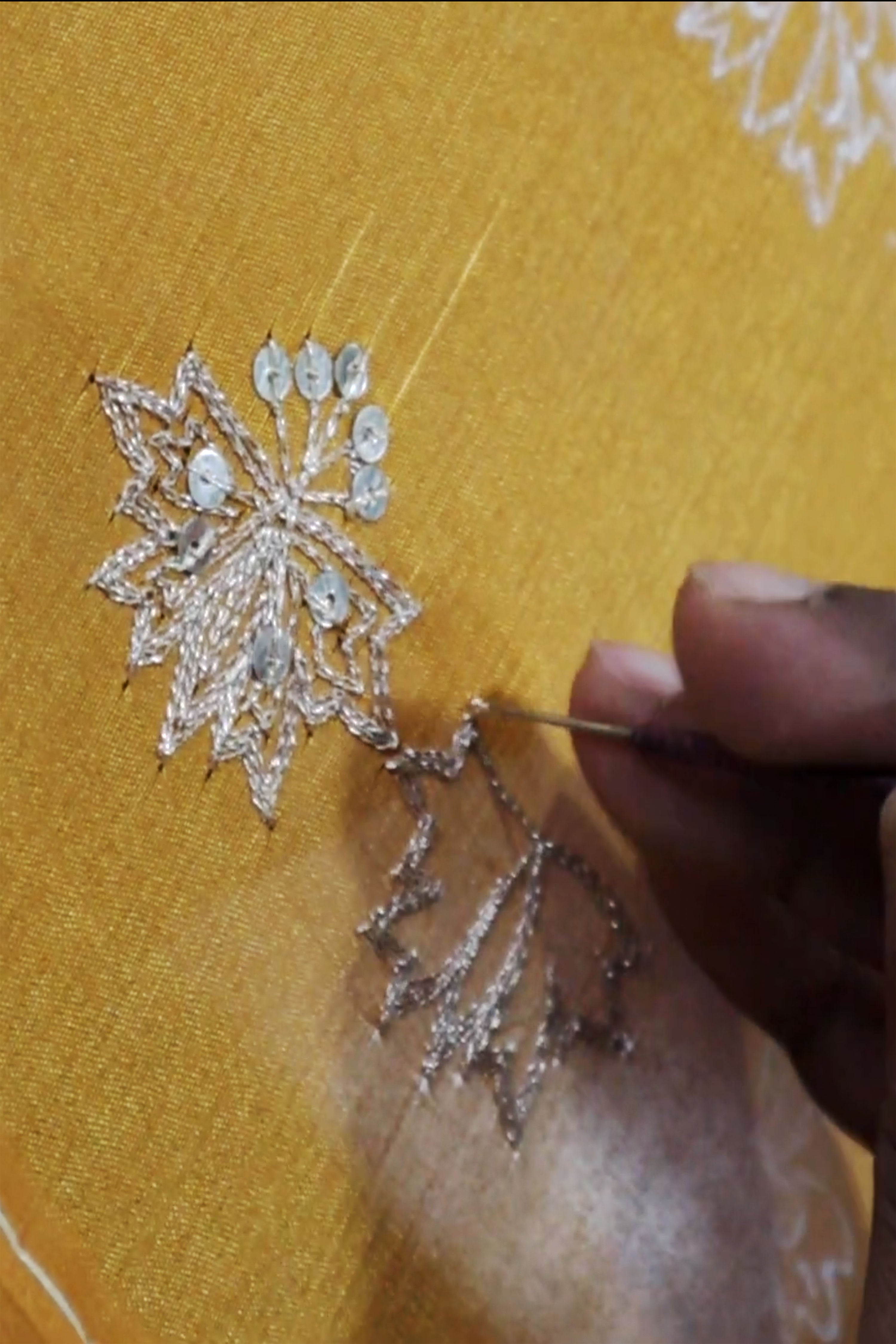 Malvika I Mustard chinon hand embroidered kurta pant set with dupatta